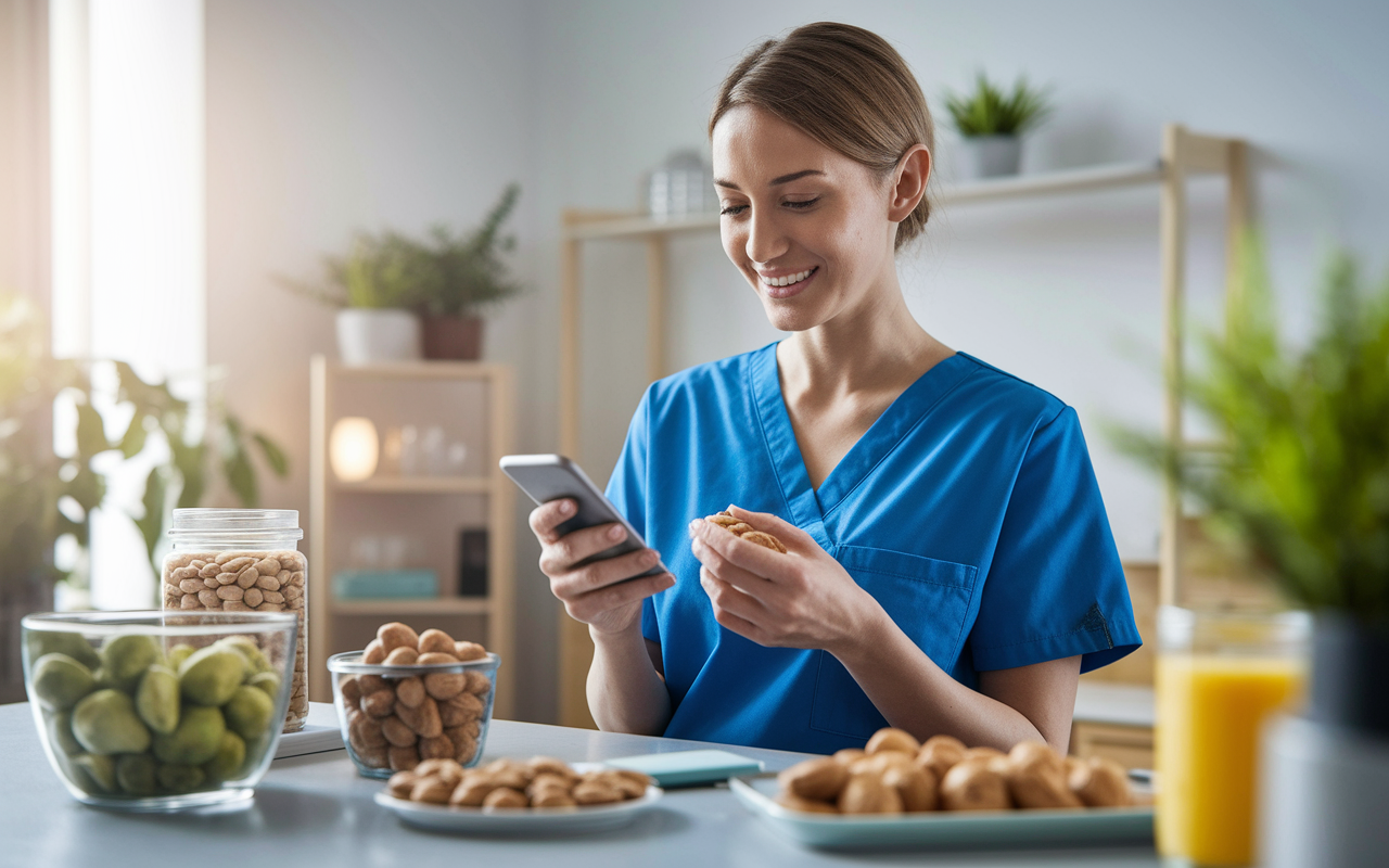 A caring nurse in scrubs surrounded by a variety of healthy snacks in the break room. Emily smiles as she enjoys a handful of nuts while checking her phone for hydration reminders. The room is softly lit, showcasing the coziness of her resting area, and a healthy balance of focus and energy fills the atmosphere.