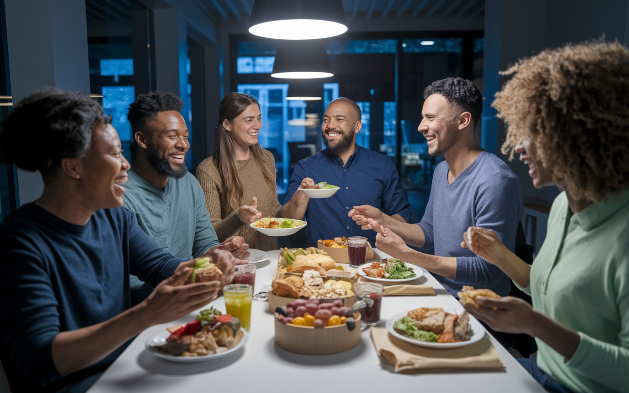 A dynamic scene showing diverse night shift workers in a modern break room, happily enjoying healthy meals and energizing snacks while sharing stories and laughter. The space is illuminated with warm lights, encouraging a sense of community and support among the workers. The mixture of nutritious foods on the table symbolizes a transformative approach to thriving during night shifts.