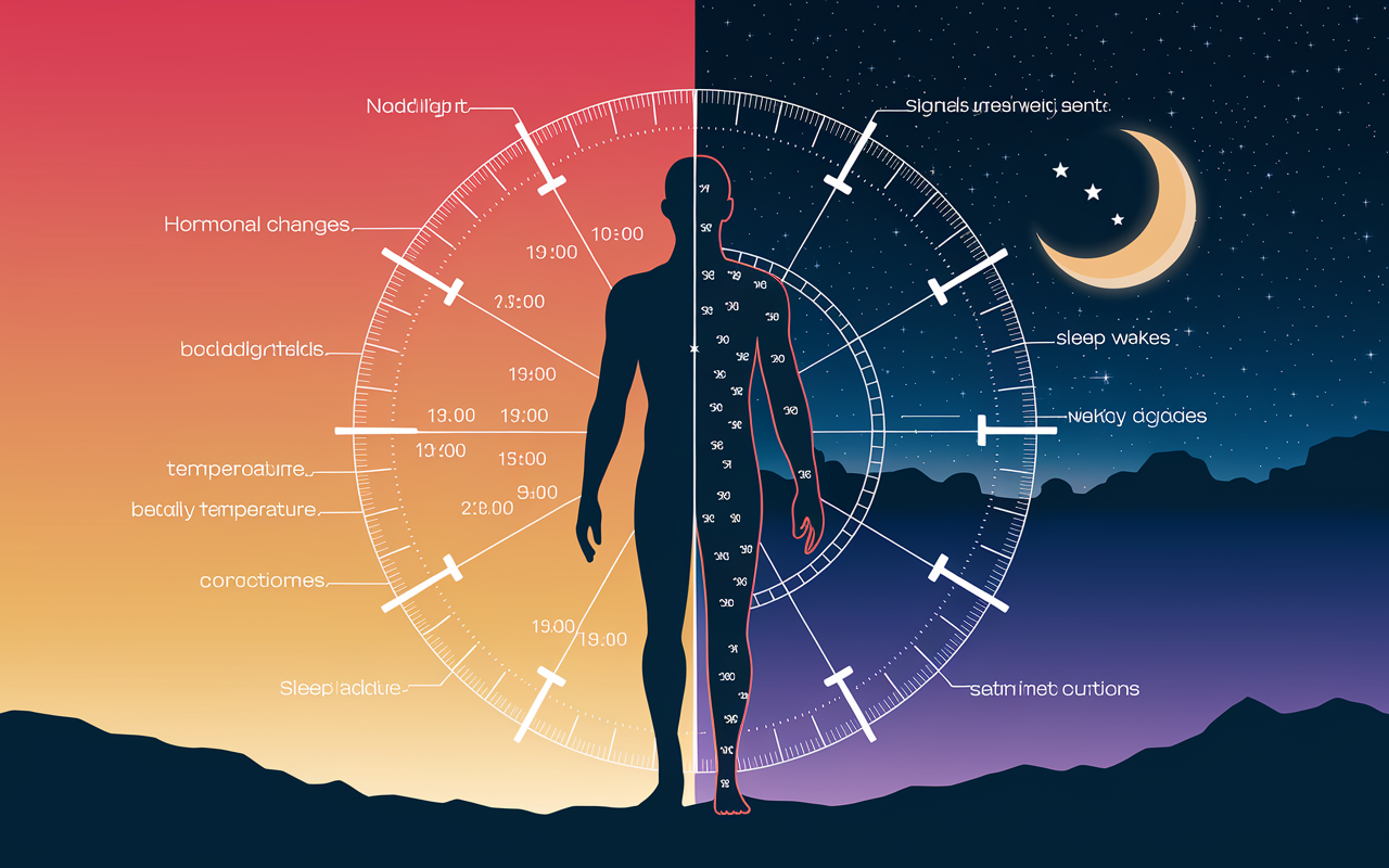 An illustration showing a diagram of the human circadian rhythm, with a contrasting depiction of the day/night cycle. Show a human silhouette indicating hormonal changes, body temperature, and other bodily functions. The background transitions from bright daylight to a starry night sky, emphasizing natural light's impact on sleep-wake cycles. Include arrows representing signals sent by light and darkness to correspond with a clock showing typical sleep and wake times.