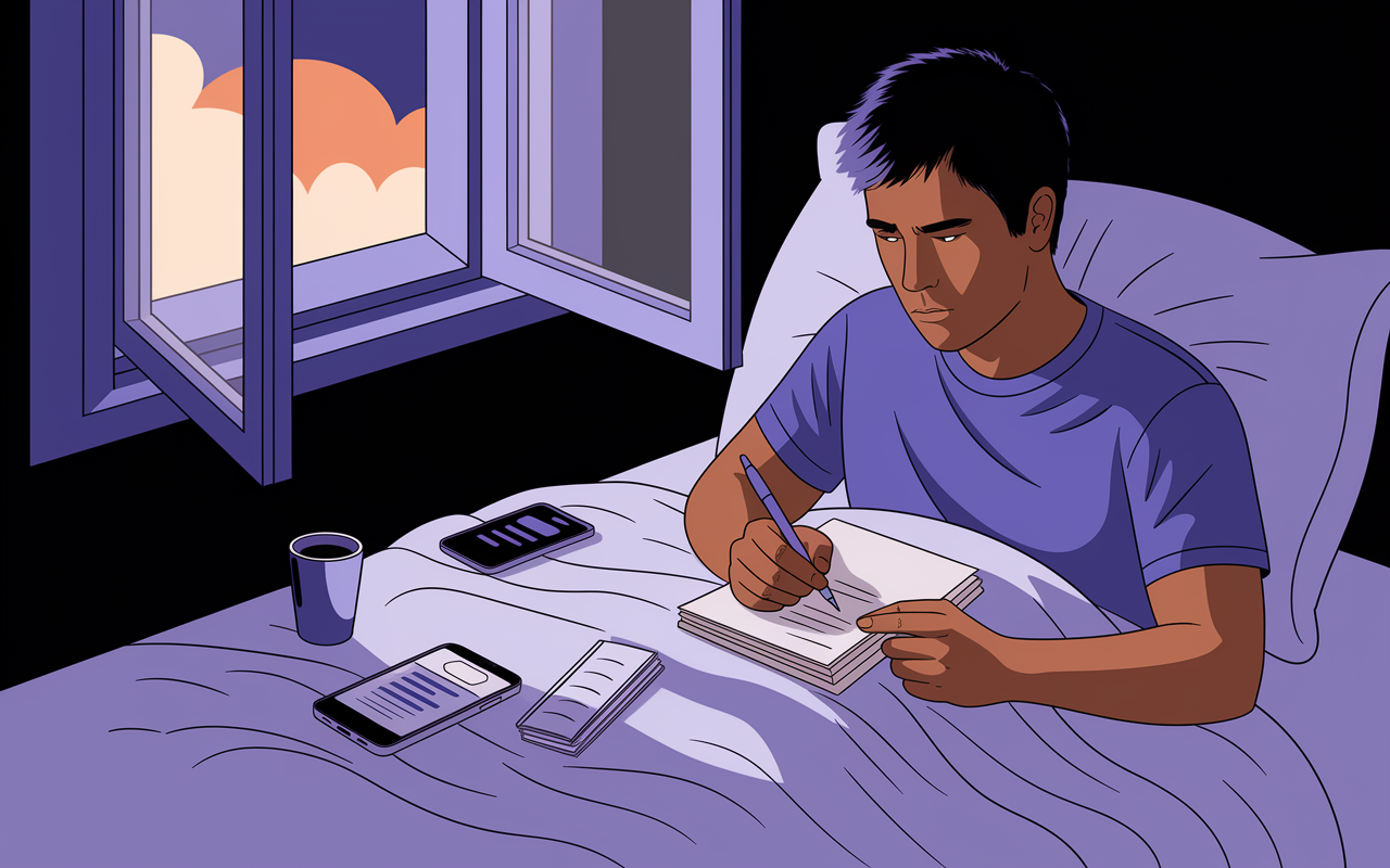 A focused illustration of a night shift worker sitting at a bedside with a sleep diary, taking notes under soft bedside lighting. The worker looks reflective and determined, surrounded by personal items such as a smartphone displaying a sleep tracking app. An open window hints at daylight outside, symbolizing the conflict between day and night. The mood is serious, depicting determination and personal assessment in the search for optimal sleep.