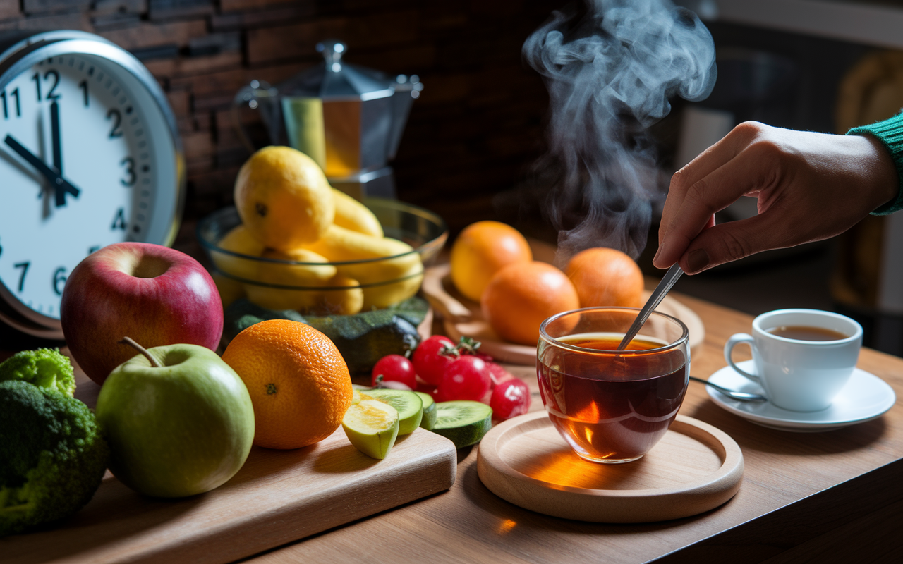 A detailed scene of a healthy kitchen, featuring a night shifter preparing a nutritious meal. Display vibrant fruits and vegetables on a wooden countertop, a clock indicating the late hours, and a steaming cup of herbal tea. There’s a visible tension between healthy choices and caffeine, with a half-empty coffee cup in the background. The lighting is warm and inviting, symbolizing a commitment to well-being even at unconventional hours.