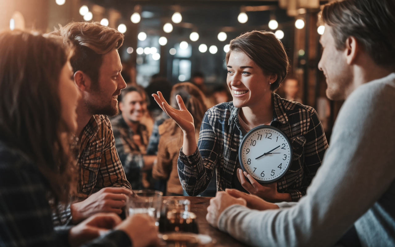 A heartfelt scene of a night shift worker explaining their schedule to friends at a casual gathering. The background shows festive decor and social interactions, while the worker holds a clock, emphasizing their struggles with balancing work and social life. Warm lighting creates a cozy atmosphere, highlighting the warmth of friendship despite the challenges of night shifts. The expressions reflect understanding and support.