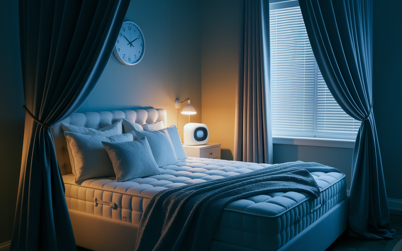 A dimly lit bedroom designed for daytime sleep, featuring blackout curtains shielding the bright sun. A cozy bed with plush pillows and a comfortable mattress is beautifully arranged. A white noise machine sits on the nightstand, casting a calming glow in the background. The room is cool and inviting, showcasing elements like a clock showing a daytime hour and a shaded window, emphasizing the need for optimal sleep conditions. Soft, calming colors enhance the scene.