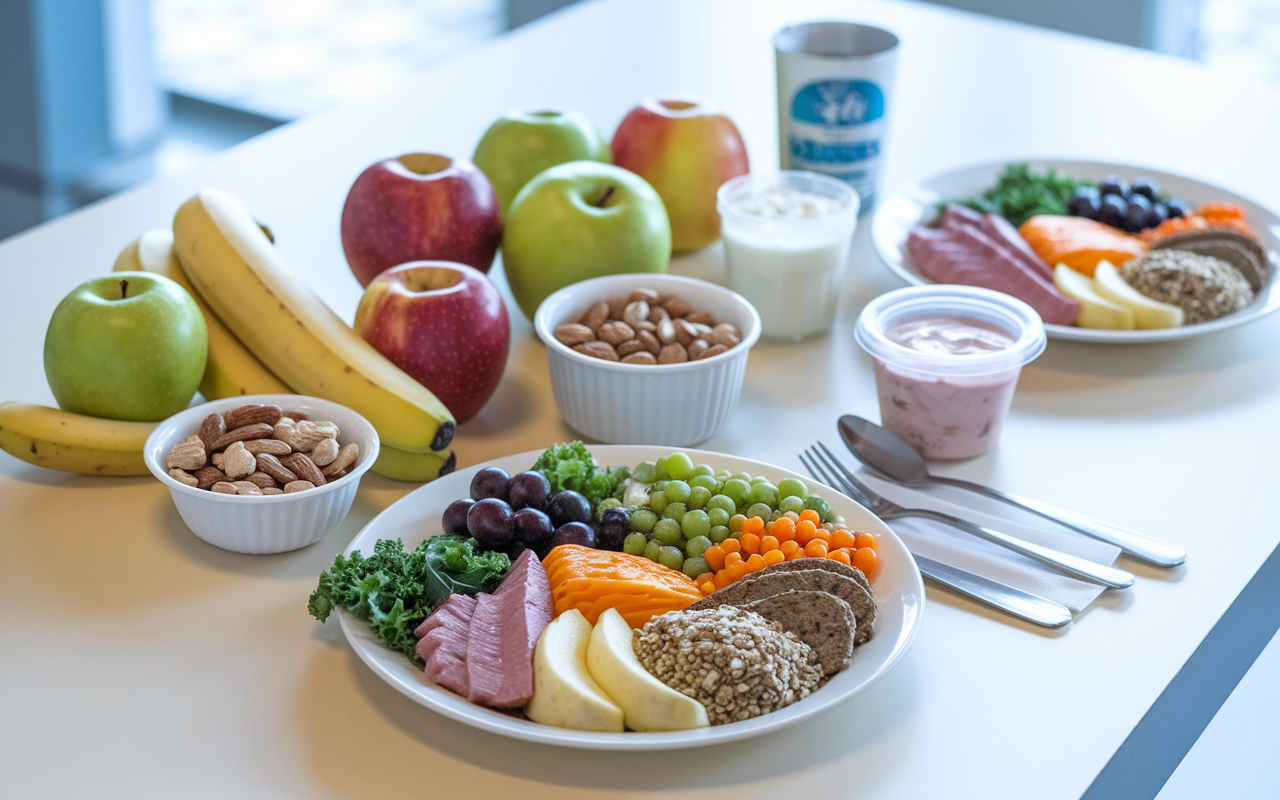 A vibrant spread of healthy meal options tailored for night shift workers, laying on a cafeteria table. This includes colorful fruits like apples and bananas, a bowl of mixed nuts, a container of yogurt, and a balanced meal featuring lean proteins, whole grains, and vegetables. The environment is bright and inviting, emphasizing the importance of nutrition, with an organized layout that encourages a healthy eating lifestyle during night shifts.