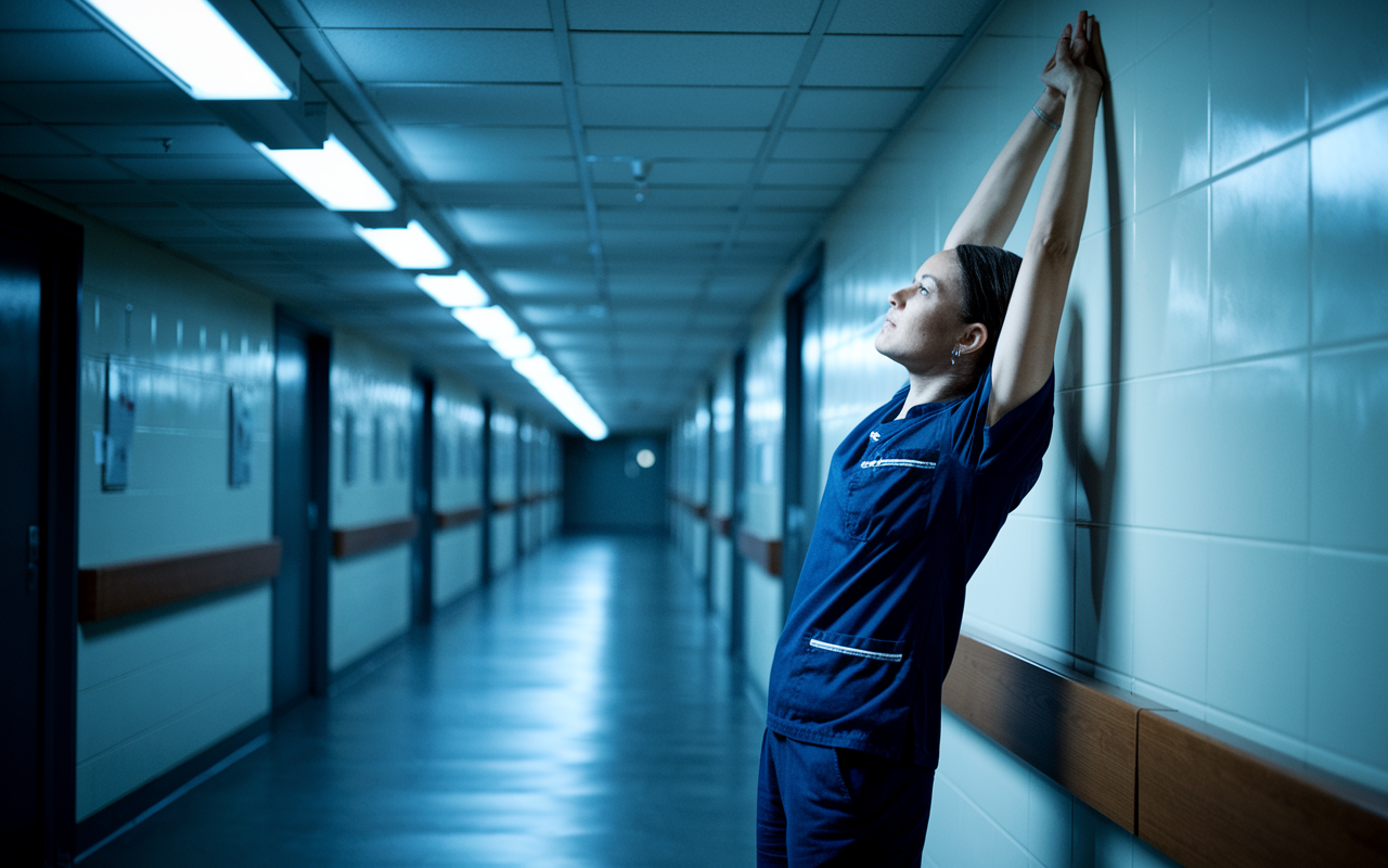 A night shift worker stretching against a wall in a hospital corridor, engaging in a brief physical activity break. The scene captures a moment of rejuvenation amidst the typical nighttime hustle of the medical environment. Fluorescent lights dimly illuminate the corridor, with a backdrop of patient rooms, emphasizing the importance of movement to combat fatigue. The worker looks refreshed and focused, with signs of vitality evident in their posture.