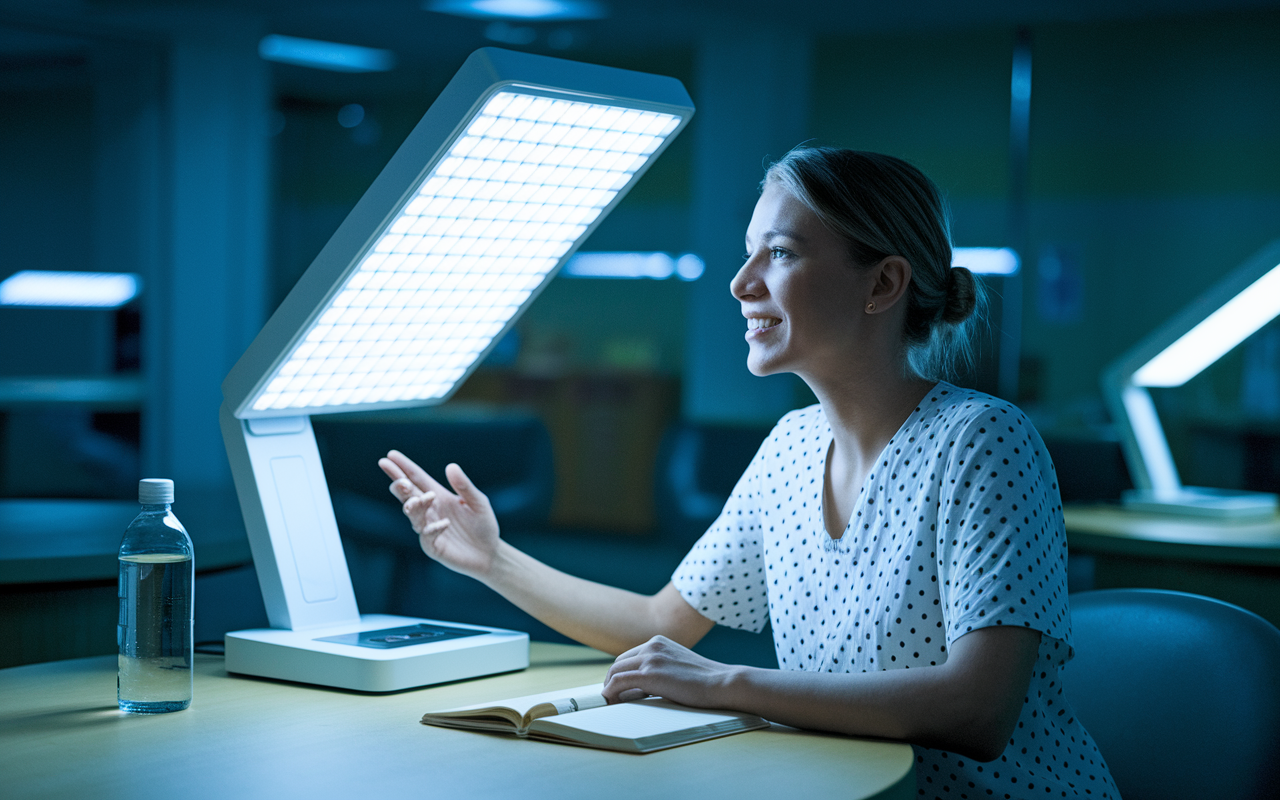 A night shift worker in a bright and well-lit break room, using a light therapy lamp to simulate daylight. The lamp emits a soothing glow that contrasts with the dim hospital ambiance, enhancing alertness. The worker appears invigorated, seated at a table with a journal and a water bottle nearby, demonstrating the importance of light exposure in a night shift environment. Subtle reflections and realistic textures capture the illuminating effect of the therapy.