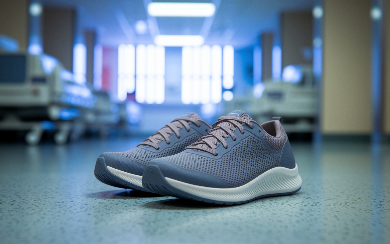 A close-up, photorealistic image of a pair of comfortable shoes designed for night shift workers, placed on a hospital floor. The shoes are stylish yet functional, highlighting their cushioned soles and arch support. In the background, a blurred view of a hospital room with soft light filtering through a window should convey a sense of calm amidst the bustling night shift.