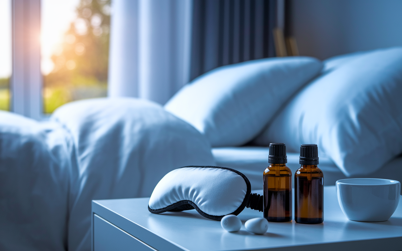 A tranquil setting featuring essential sleep aids for night shift workers, including an eye mask, earplugs, and essential oil bottles arranged on a bedside table. The atmosphere is calming with soft ambient lighting, and a window reveals a bright afternoon outside, contrasting with the night worker's need for rest. A cozy bed setup with blackout curtains is subtly visible, emphasizing the importance of quality sleep.