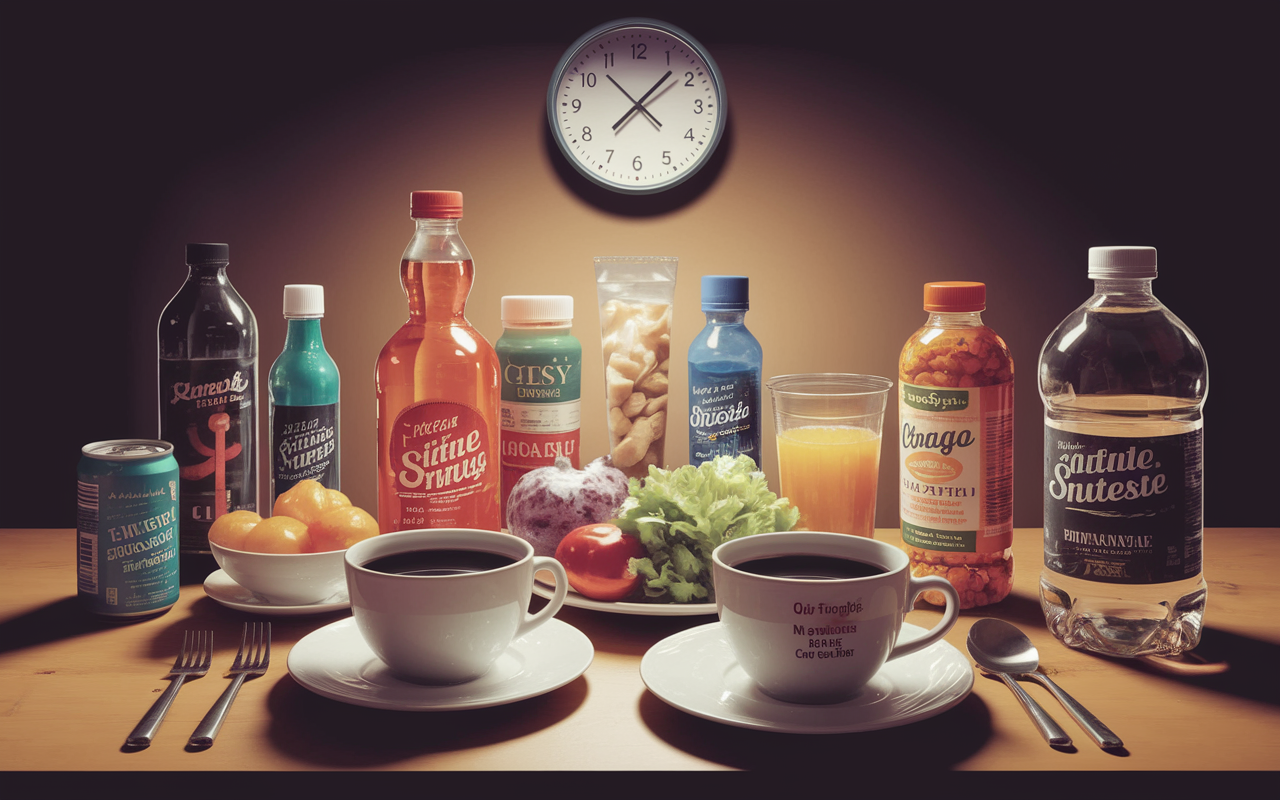 An artistic interpretation of the strategic use of caffeine during night shifts, featuring an array of coffee cups, energy drinks, and healthy snacks artfully arranged on a nurse's break table. The scene conveys a sense of dynamic energy with a warm color palette, capturing both the allure of caffeine and the necessity of balanced nutrition. A clock in the background emphasizes the late-night setting.