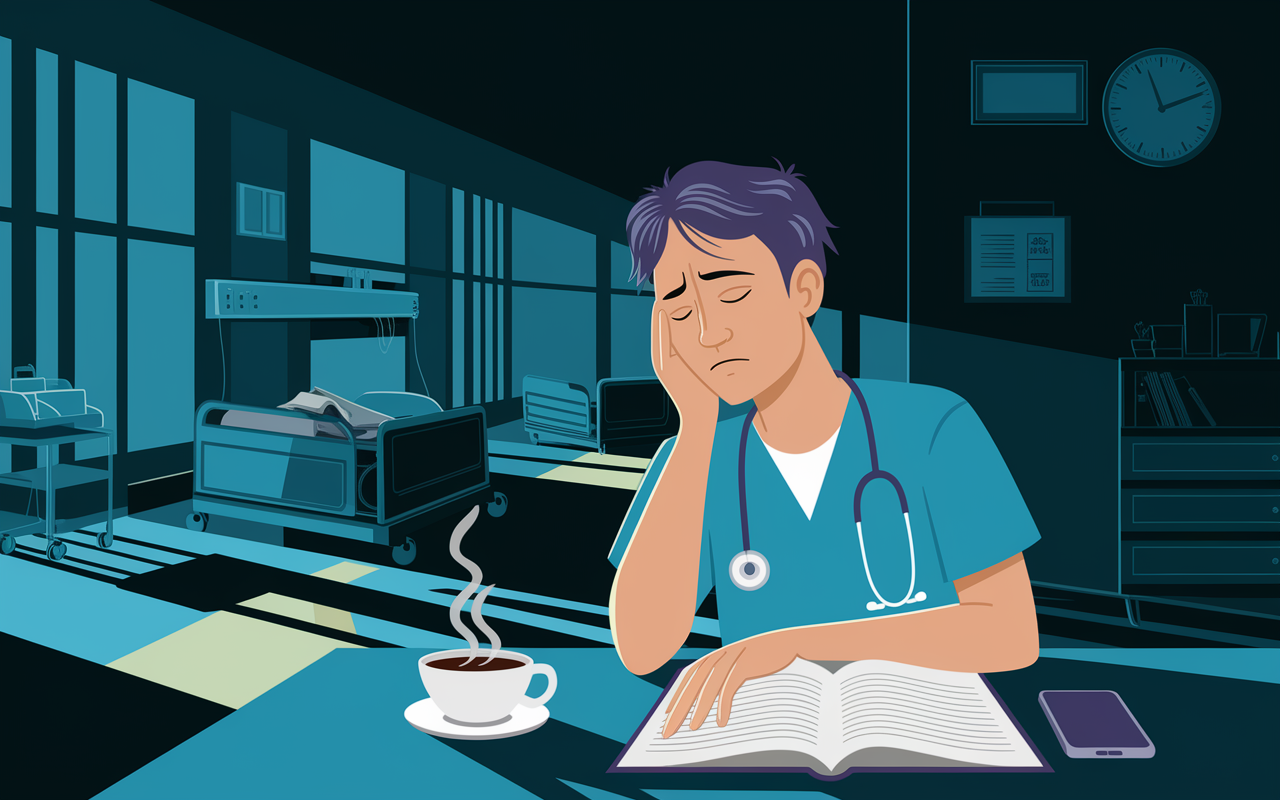 An illustrative scene capturing the challenges of night shifts: a medical professional looking tired and contemplative, surrounded by a silent hospital ward at night. The dimly lit room has shadows creating a sense of solitude, with a clock displaying late hours in the background. Elements like a cup of coffee on the desk and an open medical textbook hint at fatigue and focus. The atmosphere conveys a mix of isolation and the demanding spirit of healthcare workers, as they navigate their responsibilities during unconventional hours.