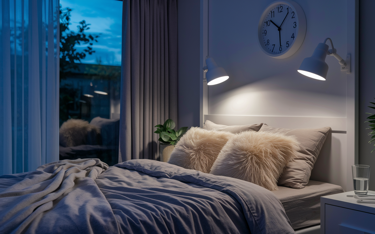 A cozy, serene bedroom designed for daytime sleep, featuring blackout curtains, a comfortable bed with fluffy pillows, and soft dim lighting. The atmosphere is tranquil, with a clock showing the time during the day. A glass of water and earplugs on the bedside table suggest preparation for restful sleep amidst the daylight. Ambient colors evoke a peaceful mood, conveying the importance of creating a conducive environment for quality sleep.