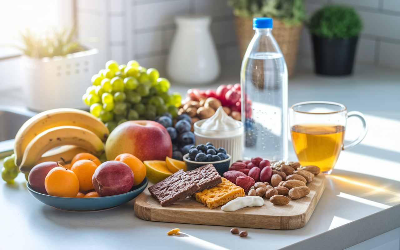 A vibrant spread of nutritious snacks ideal for night shift workers, including colorful fruits, nuts, yogurt, and protein bars displayed on a kitchen countertop. A water bottle and herbal tea sit nearby, symbolizing hydration. The arrangement is inviting, with natural lighting streaming in, creating a bright and energizing atmosphere, emphasizing the importance of smart eating habits to maintain energy levels during night shifts.