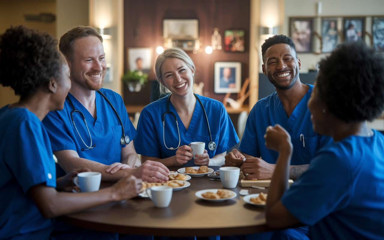 An engaging gathering of night shift medical staff in a hospital break room, laughing and sharing stories over coffee and light snacks. The warm ambiance creates a sense of connection among the team, with personal items and decorations reflecting their camaraderie. Soft lighting enhances a cozy feel, emphasizing the importance of building relationships to combat feelings of isolation during night shifts.