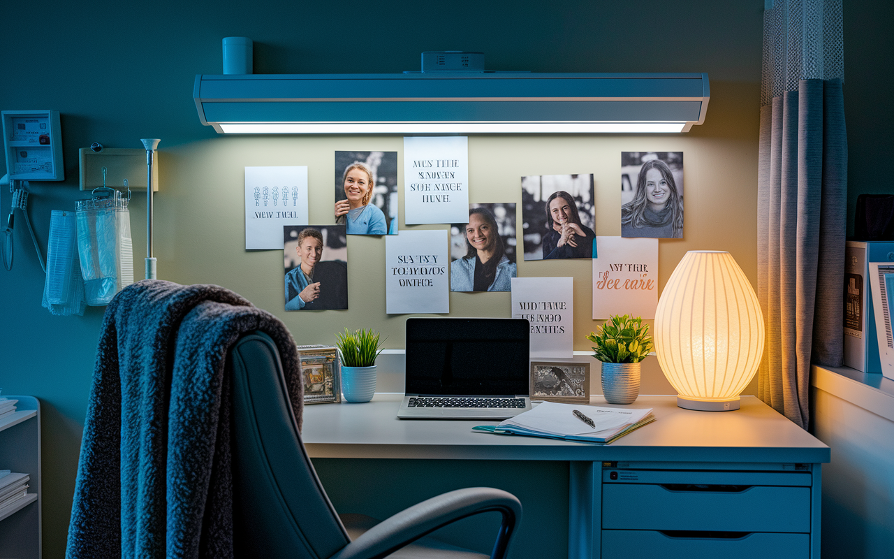 A personal workspace at a hospital night shift, personalized with photos of family and friends, motivational quotes, and a cozy blanket draped over the chair. The desk is well-organized with a laptop, medical charts, and a soothing ambient lamp casting a warm glow. Soft music is playing in the background, creating an inviting atmosphere that promotes positivity and comfort during late-night hours.