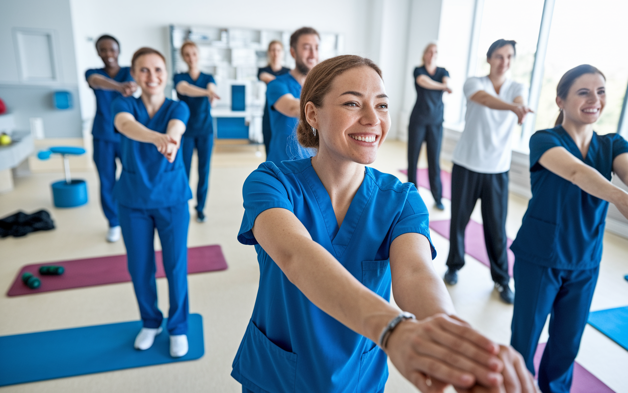 A diverse group of night shift medical workers engaging in a short exercise session in a hospital break room, stretching and smiling. The room is bright and inviting with exercise mats and light equipment scattered around. The image captures a spirit of teamwork and well-being, suggesting how physical activity can enhance energy and mood during long night shifts.