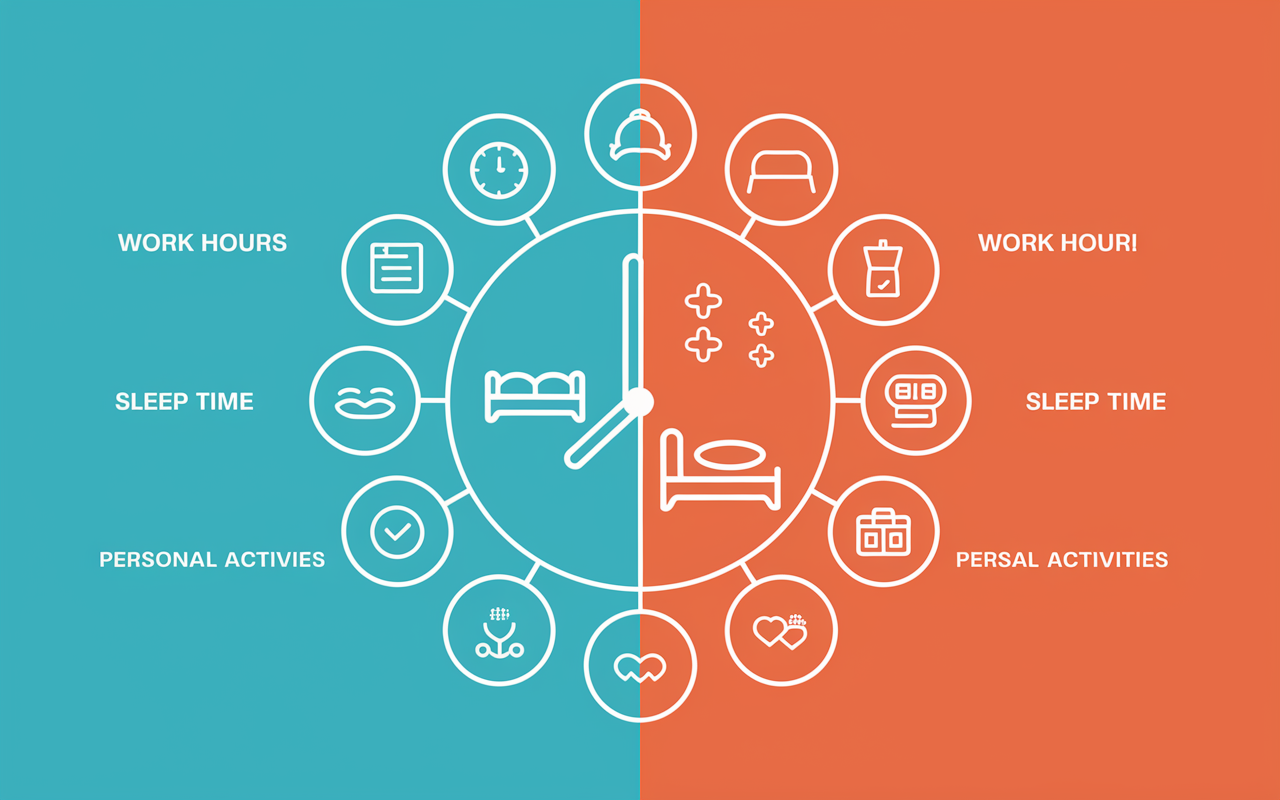 An illustrated infographic showing a structured scheduling system for night shifters, with a divided day representing work hours, sleep time, and personal activities. Include icons for each activity: a clock for work hours, a bed for sleep, and a social event symbol for personal time. Use bright colors for the work section and calm, softer colors for sleep and personal time to emphasize balance. Well-organized, clean design, easy to understand.