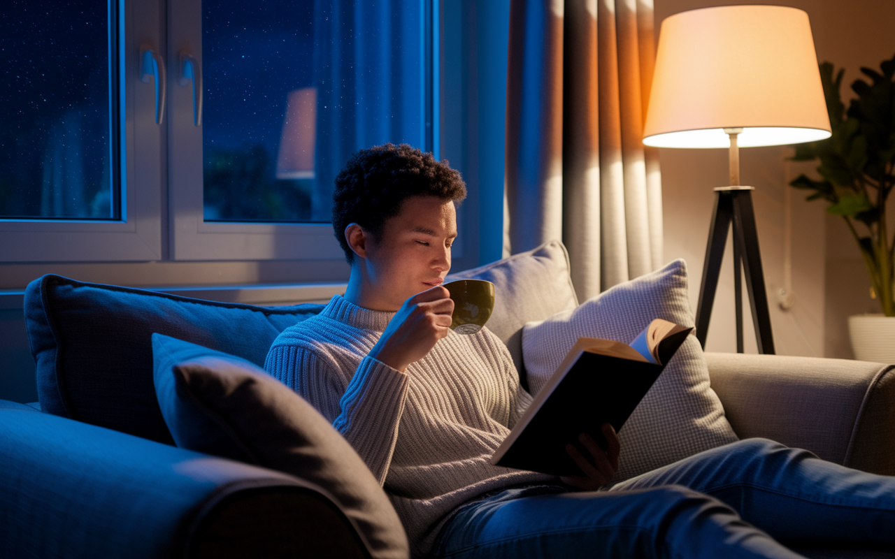 A peaceful, serene scene depicting a night shifter decompressing after work. The individual is seated in a cozy living room, bathed in warm light from a lamp, reading a book while sipping herbal tea. There are soft pillows and a window showing the starry night outside. This visual communicates tranquility and the importance of winding down. Warm colors, soft textures, and a calm ambiance.