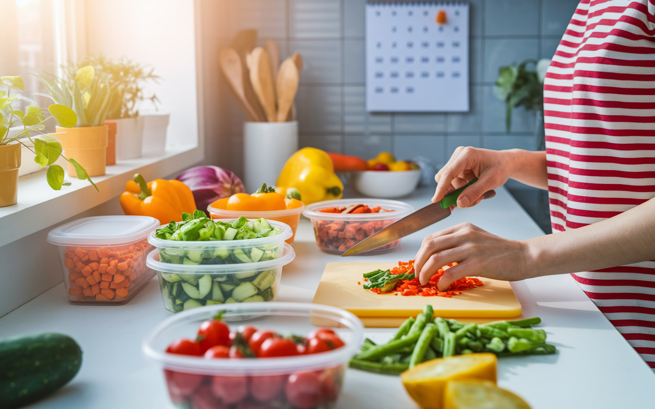 A brightly lit kitchen showing a night shifter preparing healthy meals ahead of time. Colorful vegetables are chopped on the counter, and containers for meal prep are neatly arranged. In the background, a calendar with scheduled tasks is visible. This image reflects organization and the importance of meal prepping for maintaining energy. Bright, vibrant colors with an inviting atmosphere.