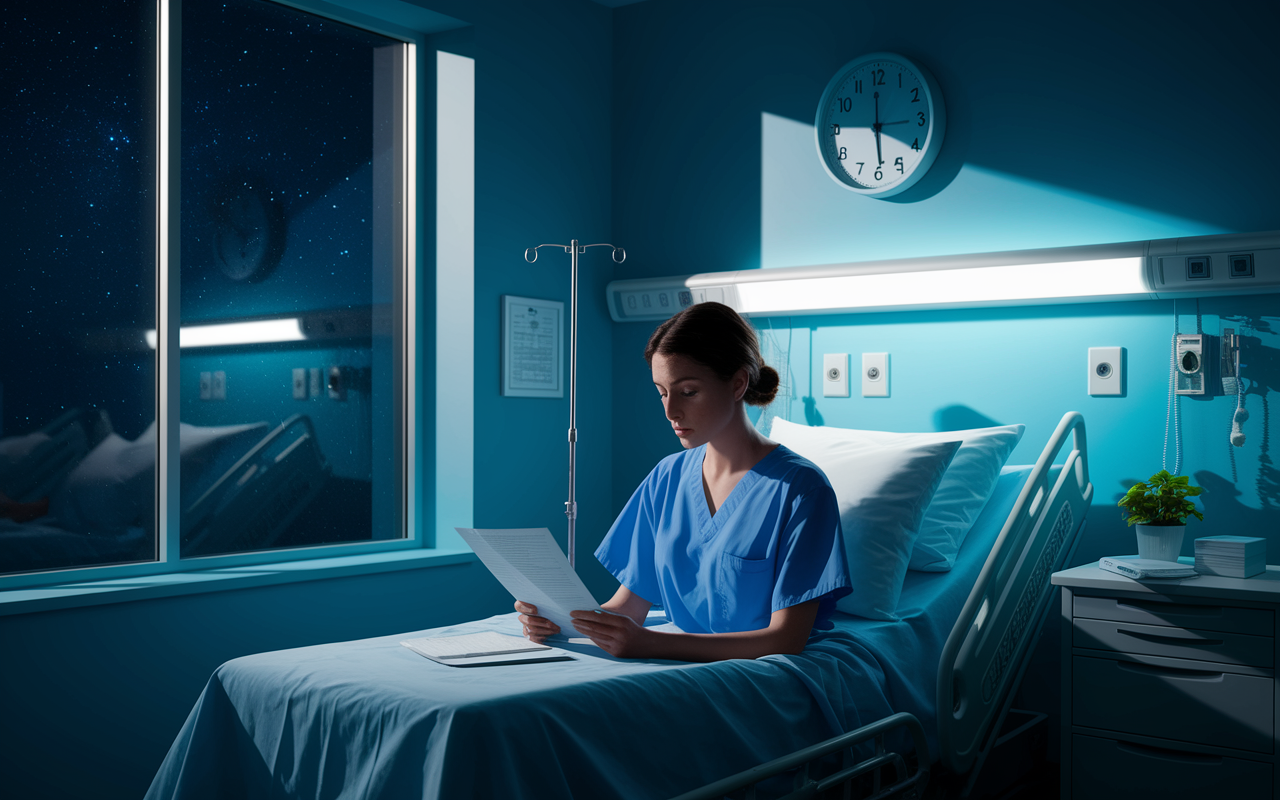 A dimly lit hospital room during the night, with a tired nurse in blue scrubs looking at a chart. The clock on the wall reads 2 AM, casting a soft glow. Outside the window, a starry night sky is visible, contrasting with the fluorescent lights inside. Shadows play softly across the floor, creating a sense of solitude. The nurse’s face reflects both determination and fatigue, symbolizing the challenges of night shift work. Photorealistic style, with a focus on emotional details and ambient lighting.