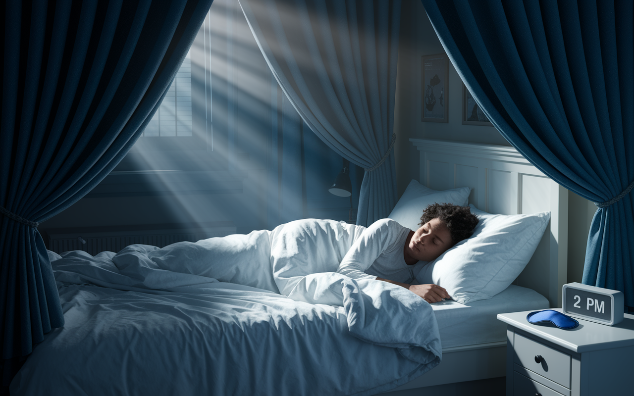 A cozy bedroom with blackout curtains drawn tightly, a person in bed covered with blankets, struggling to find sleep during the day. Rays of sunlight peek through the edges, casting a harsh contrast with the dim room. The bedside clock shows '2 PM', and a sleep mask rests on the nightstand. The atmosphere feels heavy, hinting at anxiety and isolation, embodying the challenges night workers face in achieving rest. Soft, realistic details with a melancholic tone.