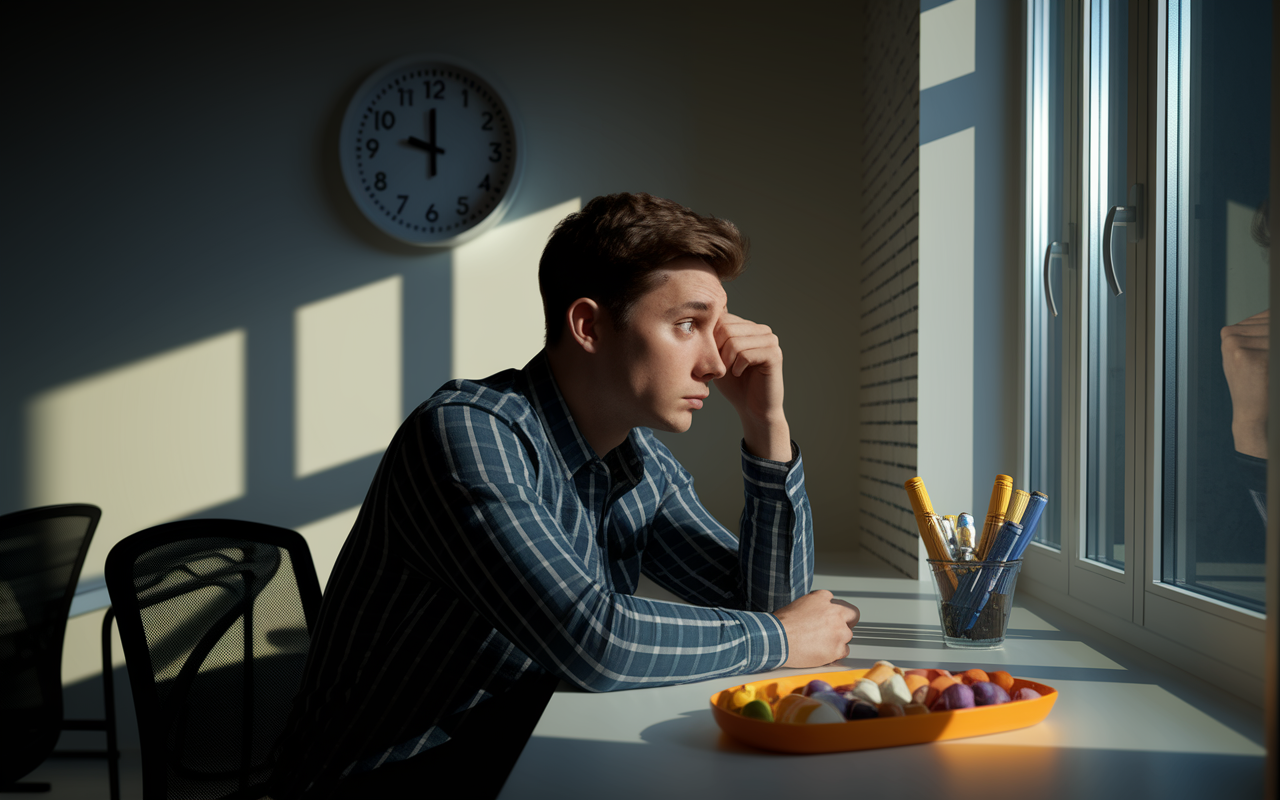 A night-shift worker in an empty break room, looking out of a window with a contemplative expression, reflecting the stress of working late hours. Nearby, a table is set with quick snacks, while a clock tick-tocks softly in the background, emphasizing the passing time. The soft, artificial light casts gentle shadows, creating an intimate atmosphere that captures the emotional weight of isolation and mental health struggles faced during night shifts. Realistic details with a focus on mood and expression.