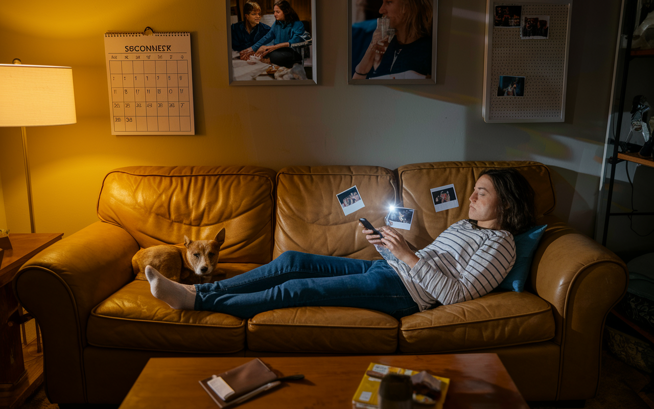 An evening scene in a warmly lit living room where a night shift worker is on the couch, flips through messages on a phone, looking sadly at photos of missed family gatherings. A calendar marked with social events hangs on the wall, hinting at disconnect. A pet lies nearby, offering some companionship. The atmosphere conveys nostalgia and the struggle for personal connections against the demands of night work. Realistic lighting and emotional depth to illustrate personal sacrifices.