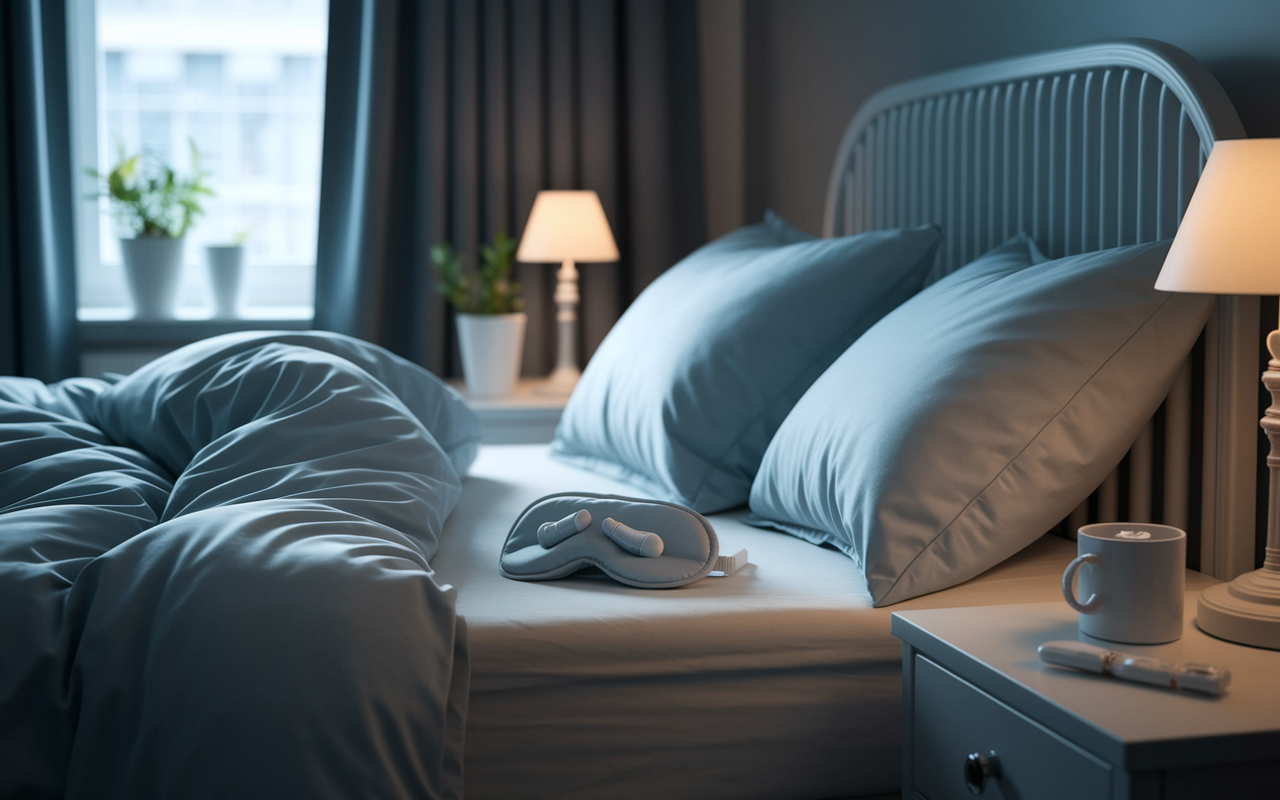 A serene bedroom equipped for day sleep, featuring blackout curtains, soft bedding, and a tranquil atmosphere. A bedside table holds essential items like earplugs and a sleep mask, while a white noise machine hums subtly. The light inside is dim, with gentle soft furnishings creating a calming environment for restful sleep during the day, symbolizing the balance night workers strive for. Photorealistic depiction with emphasis on comfort and tranquility.