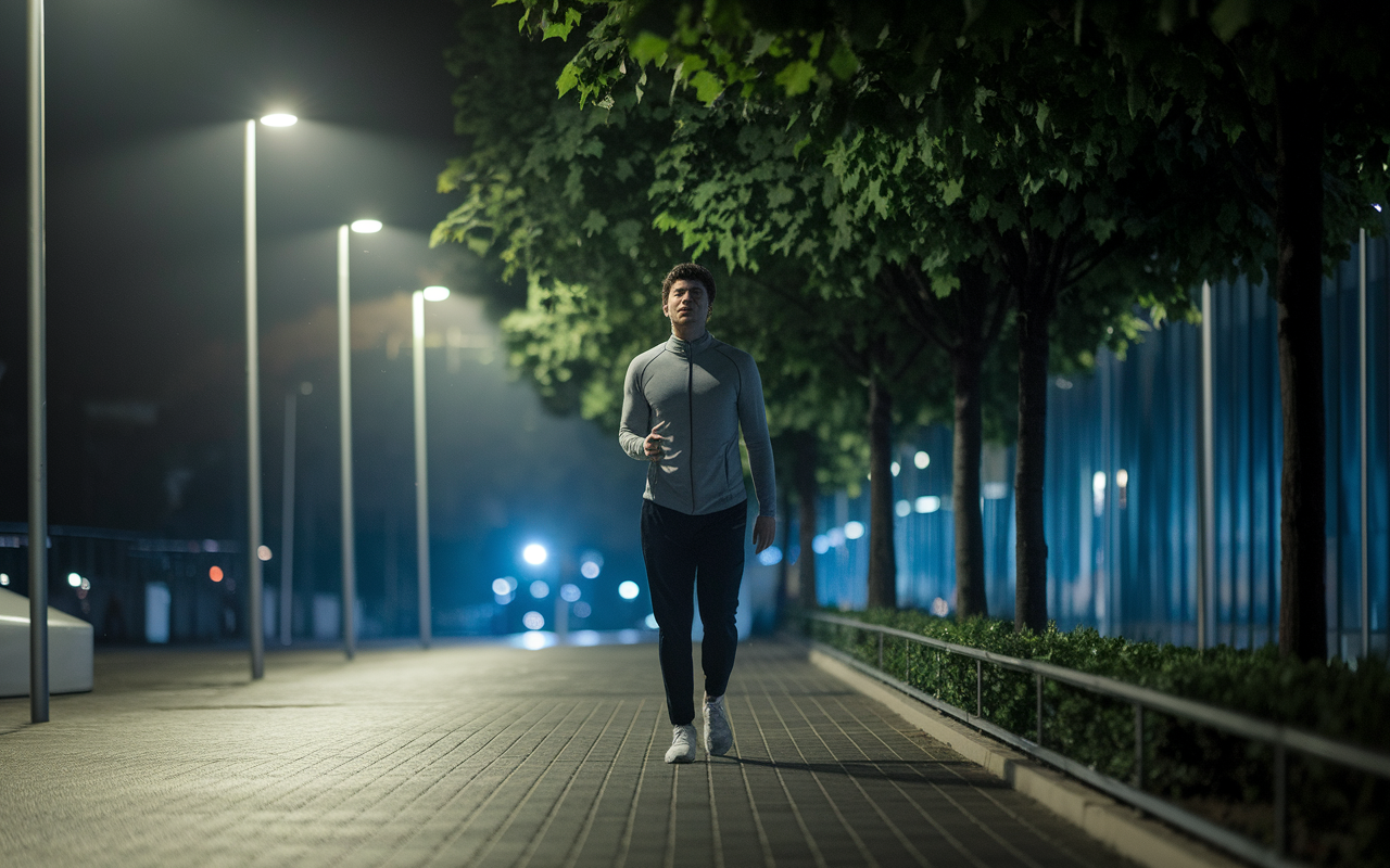 A night shift worker taking a brisk walk along a quiet, softly lit path outside the workplace during their break. Streetlights cast a warm glow while trees provide gentle shade. The worker demonstrates a sense of release and energy, with comfortable workout attire, symbolizing the importance of movement during night shifts. A serene ambient background enhances the feeling of calm and stress relief associated with exercise, photorealistic style.