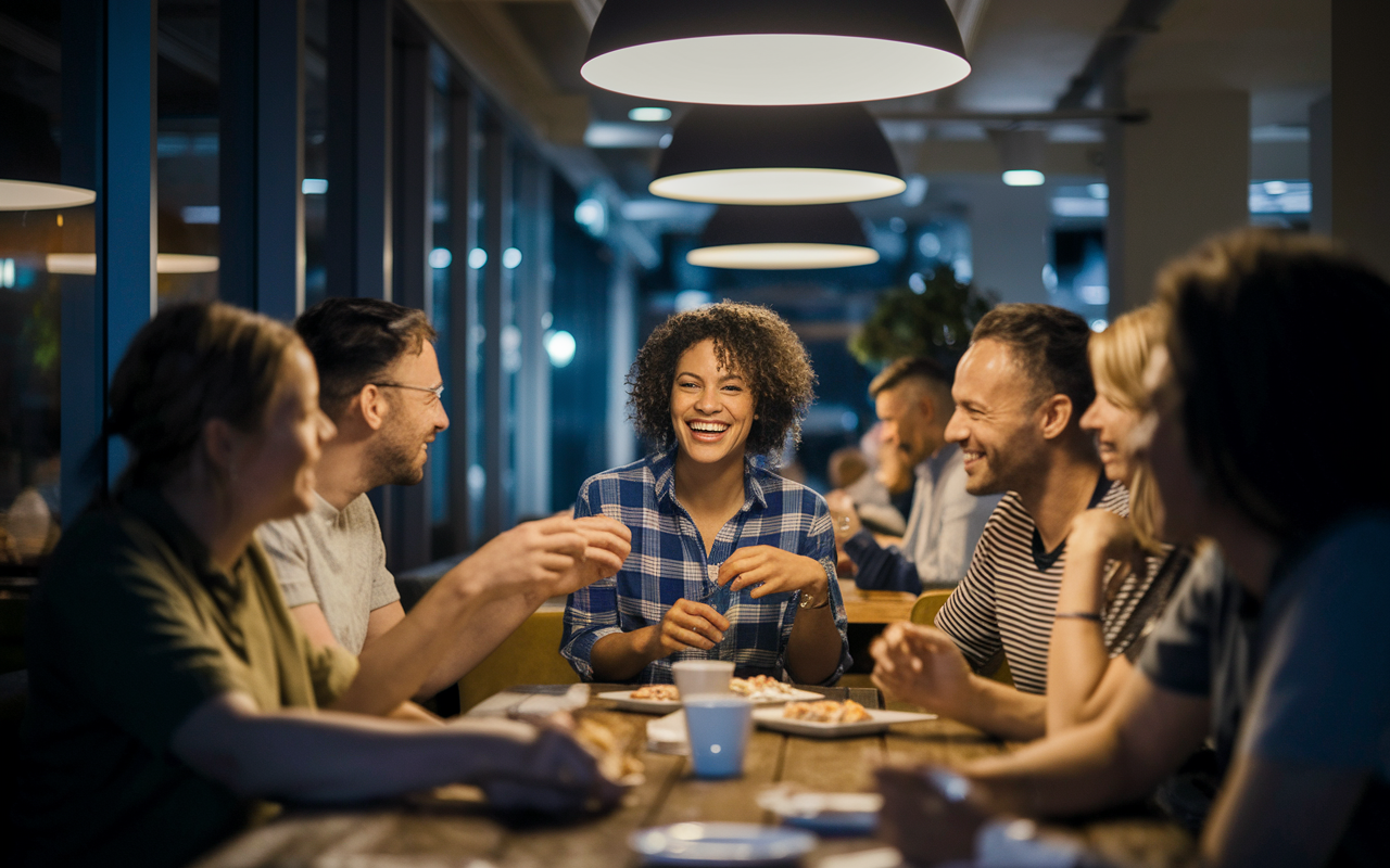 A cozy break room filled with night shift colleagues enjoying a light-hearted moment during their shift, sharing laughter and snacks. The warm glow from the ceiling lights creates an inviting atmosphere, and a communal table promotes camaraderie. This scene illustrates the importance of socializing and support among night workers, conveying a sense of belonging and positivity amidst the challenges of night shifts. Realistic depiction emphasizing connections and engagement.