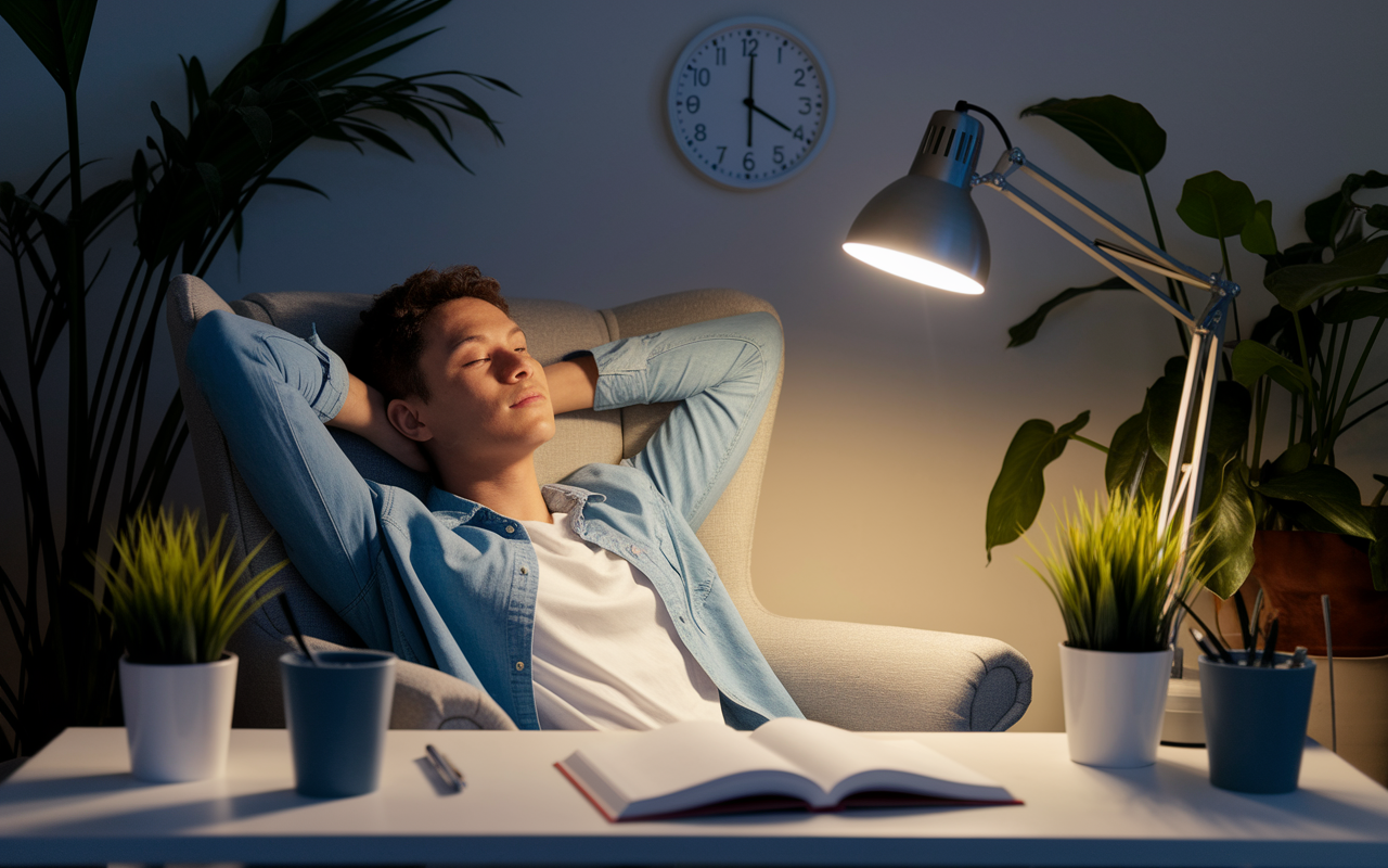 A thoughtful night worker relaxing in a cozy chair, surrounded by plants and a book, reflecting on their night shift experience. Soft, warm lighting from a desk lamp casts a calming glow, inviting introspection. A wall clock in the background shows late hour, yet peace fills the scene, symbolizing the balance between work responsibilities and personal life. The serene imagery encourages finding harmony amidst the challenges of night shifts. Photorealistic, with soft color tones.