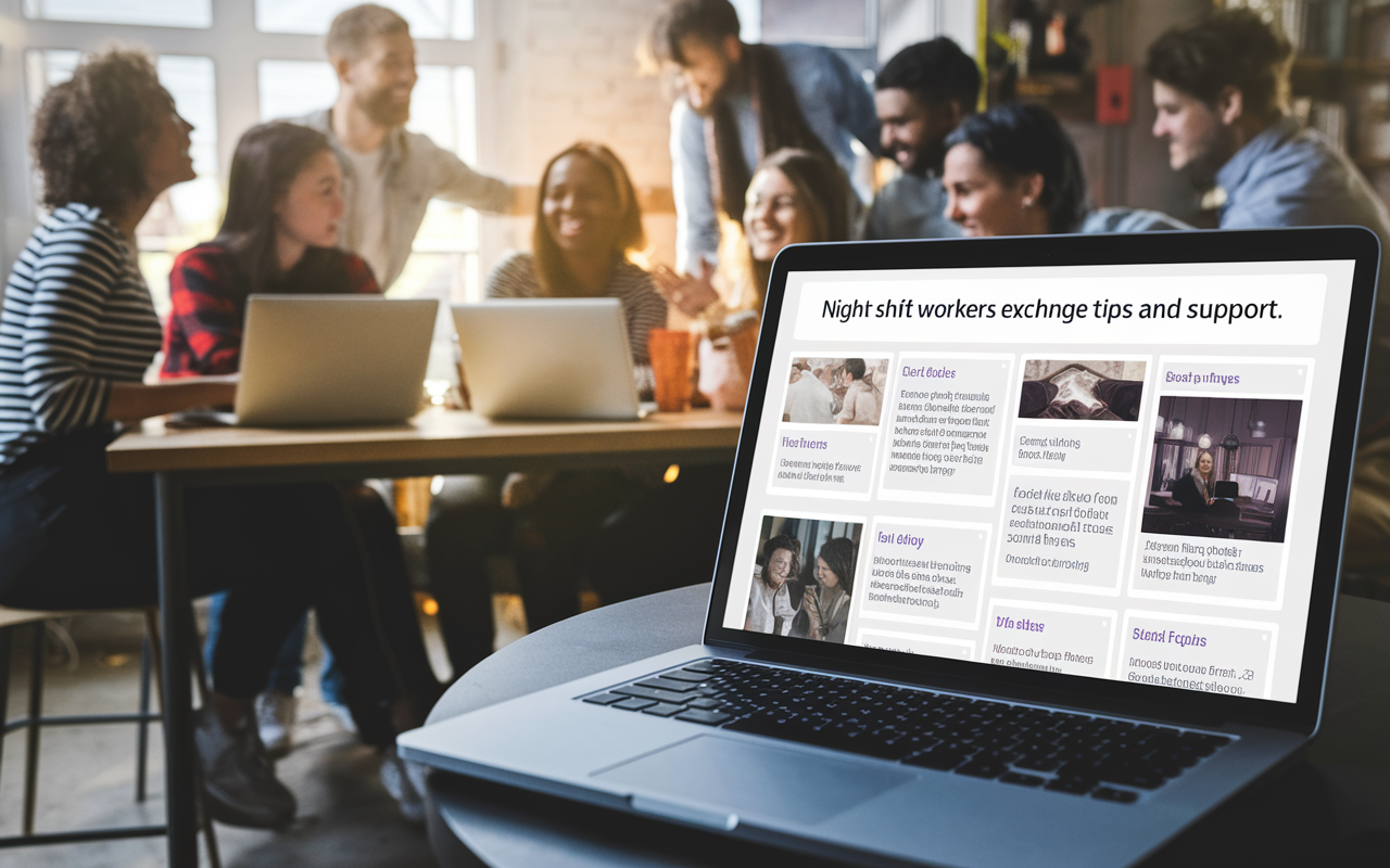 A digital interface on a laptop showing an online forum where night shift workers exchange tips and support. The screen displays various posts about sleep hygiene and meal prep ideas. In the background, a group of friends gathers at a table with laptops open, discussing shared experiences and laughing. The room is warmly lit, conveying a sense of community and support amidst a busy office environment.