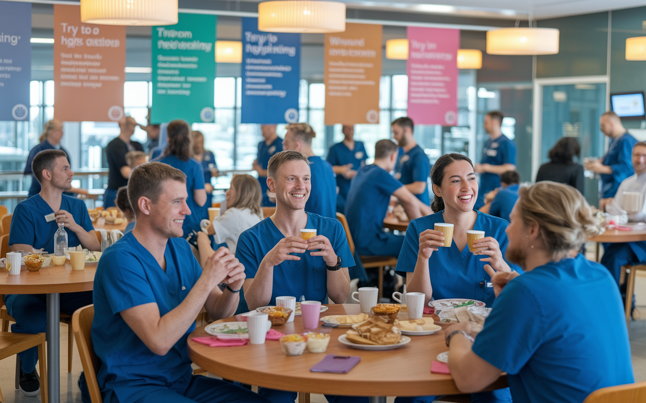 A vibrant workplace social event held in a hospital cafeteria, featuring night shift employees engaging in light-hearted conversations and team-building activities. Employees in scrubs mingle around tables filled with refreshments. The atmosphere is lively and cheerful, decorated with motivational posters about team spirit and resilience. Soft, warm lighting adds to the welcoming environment.