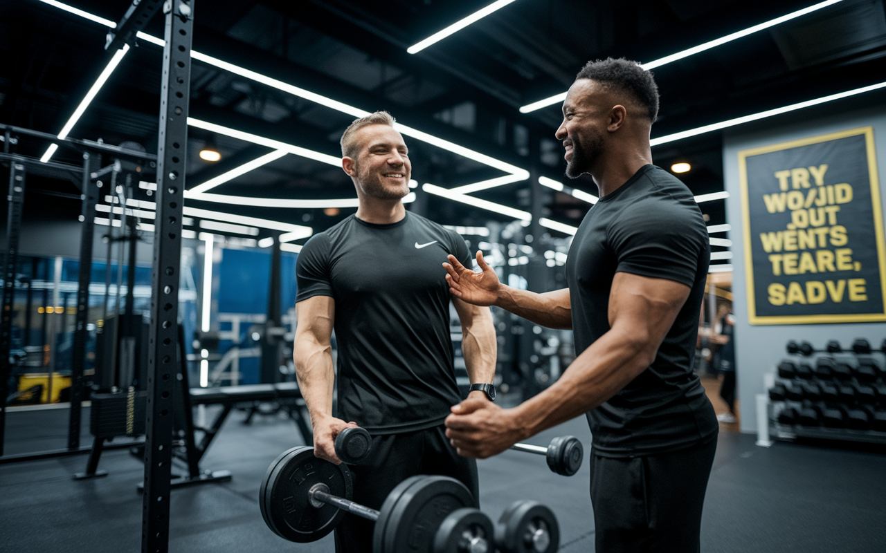 A scene showing two night shift workers at a gym, supporting each other during a workout. One is lifting weights while the other encourages them with a motivating smile. The gym is well-lit, with a modern design featuring exercise equipment and motivational posters on the walls. This illustrates the bond formed through shared health and fitness goals among night shift colleagues.