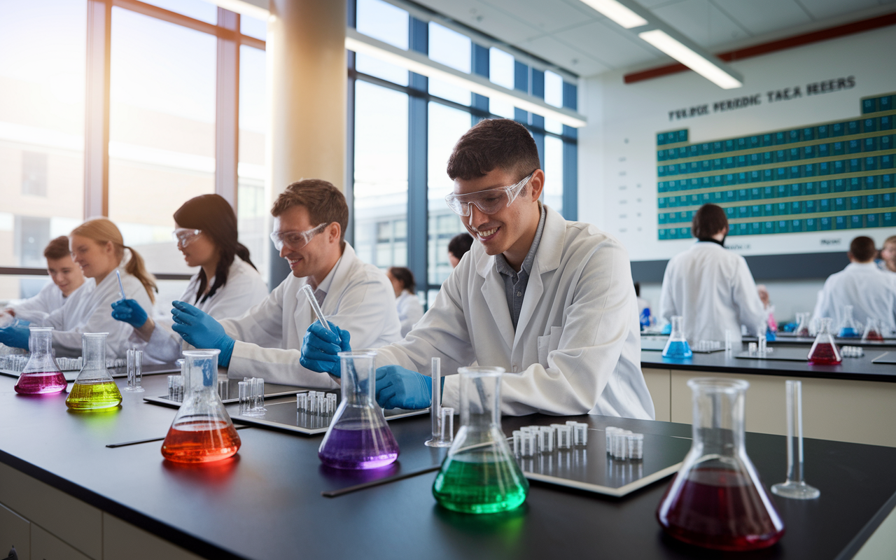 An engaging science lab setting in a university, filled with students in lab coats conducting experiments. Glass beakers filled with colorful liquids bubble over hot plates, and a giant periodic table is visible on the wall. Natural light flows in through large windows, illuminating the students' focused expressions. The atmosphere is filled with a sense of excitement and discovery as they deepen their knowledge in preparation for their medical careers.