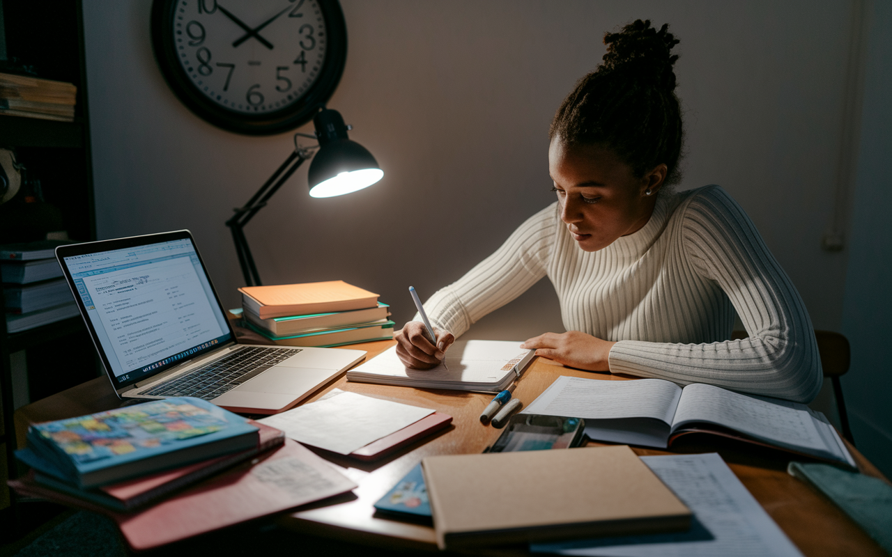 A focused student sitting at a study desk, surrounded by MCAT preparation materials including textbooks, flashcards, and study guides. A laptop displays practice tests, while a large wall clock indicates late hours. The room is softly lit, casting a warm glow over the cluttered desk, capturing a moment of determination and hard work. The student, with a look of concentration, is jotting down notes, fully committed to preparing for the MCAT.