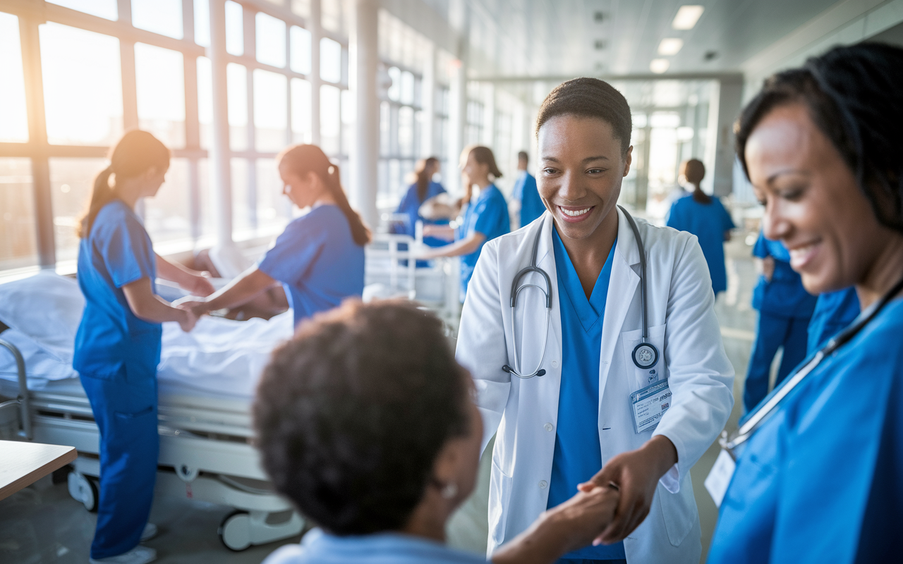 A medical student volunteering in a bustling hospital, interacting with patients and healthcare staff. The scene shows vibrant activity with nurses attending to patients in the background, and a large, bright window allowing sunlight to filter through. The student is smiling as they assist a patient with a warm and caring demeanor, capturing the essence of compassion and dedication in healthcare.