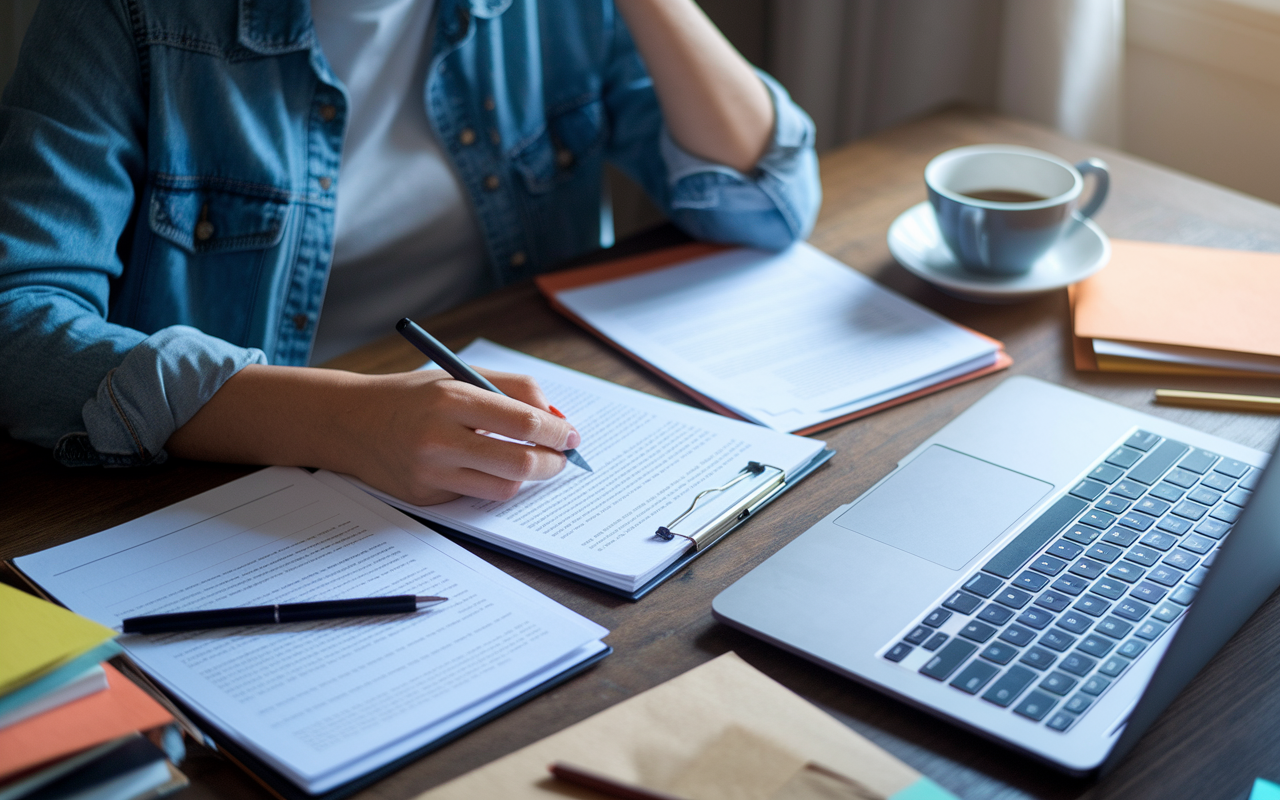 A student writer sitting at a desk, deeply focused on drafting their personal statement for medical school applications. The desk is laden with notes, personal reflections, and a laptop open with the document visible. Soft ambient light highlights their thoughtful expression, showcasing determination and introspection. A warm cup of coffee sits nearby, symbolizing the late hours spent crafting a compelling narrative.