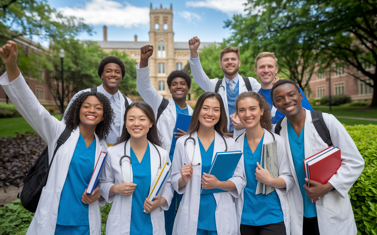 A diverse group of medical students celebrating their journey together in a lively campus setting, with their textbooks in hand and smiles on their faces. The backdrop features a historic building of the university, lush greenery, and blue sky above. The students embody a mix of ethnicities and genders, showcasing unity and camaraderie as they embark on their path to becoming healthcare professionals.