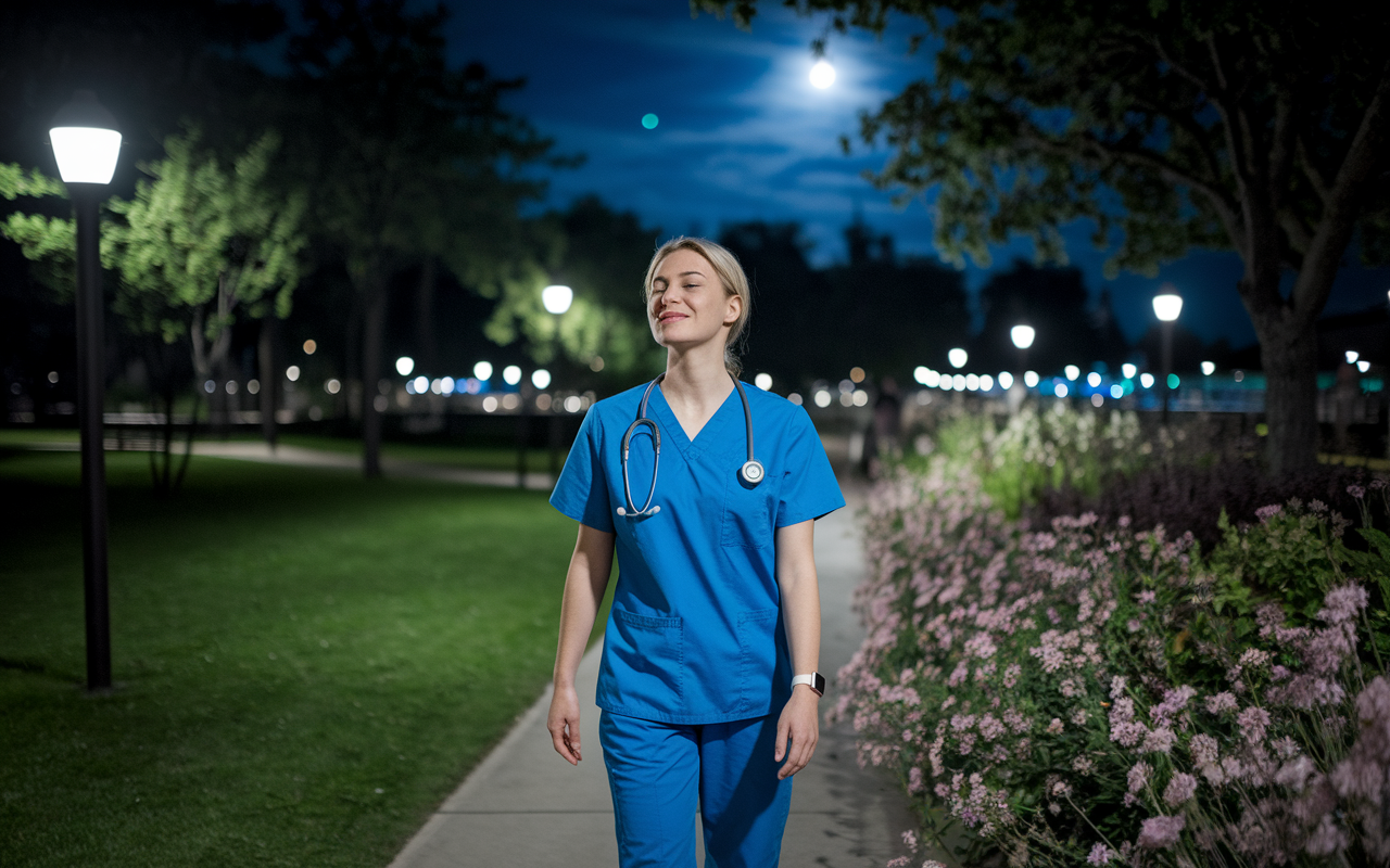 A healthcare worker in scrubs taking a refreshing nature walk during a night shift break. The scene features a serene park illuminated by soft streetlights, surrounded by lush trees and blooming flowers. The worker appears relaxed and rejuvenated, breathing in the fresh air with a peaceful expression. The moonlight creates a magical glow, enhancing the calmness of the moment.