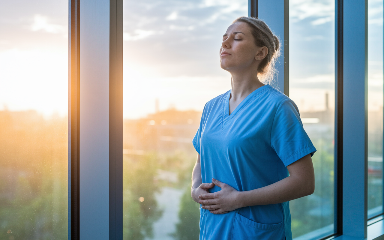 A healthcare worker standing in a quiet spot near the hospital window, eyes closed and hands on their belly, deeply engaged in breathwork. The soft glow of dawn breaks through the window, casting calming light and creating a meditative environment. The scene conveys a sense of tranquility and rejuvenation, emphasizing the power of mindful breathing.