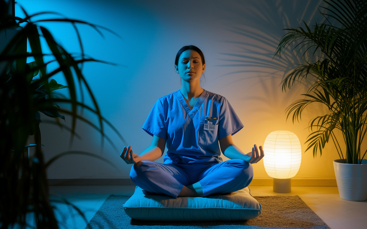 An exhausted night shift worker in scrubs meditatively seated on a cushion in a tranquil corner of a hospital. The soft light from a nearby lamp casts warm hues, creating a serene atmosphere. The worker has closed eyes, surrounded by soothing elements like plants and gentle shadows, radiating peace and relaxation during their brief meditation break.