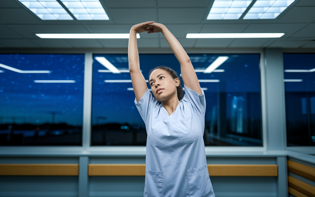 A healthcare worker performing quick standing stretches in a hospital break room, with bright fluorescent lights. The person is focused and energized, stretching their arms overhead. In the background, a window shows a starry sky outside, highlighting the contrast between the indoor environment and the calm night scenery.