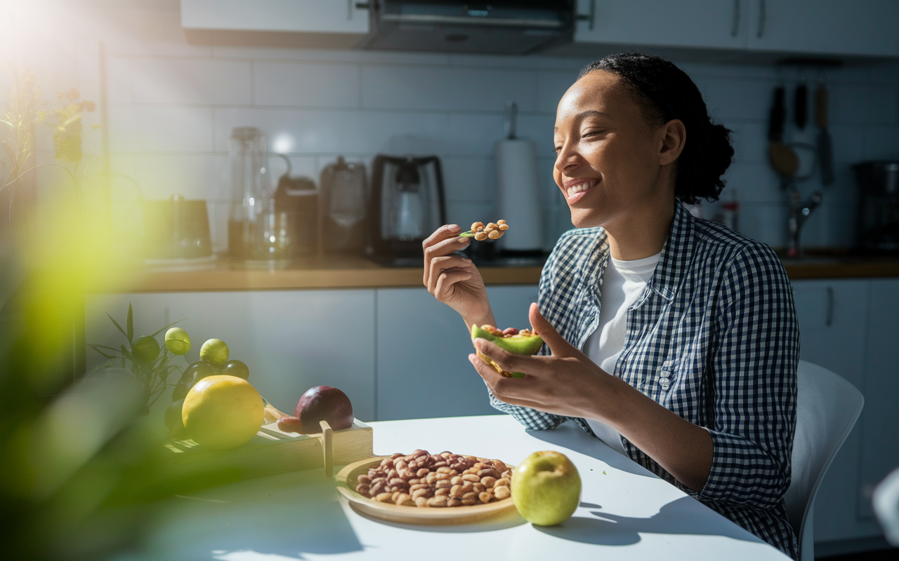 A night shift worker sitting at a break table, happily enjoying a healthy snack of mixed nuts and fruit. The scene captures a cozy kitchenette with subtle morning light filtering through the window, creating a fresh atmosphere. The worker looks content and energized, embodying the spirit of making healthy choices during their shift.