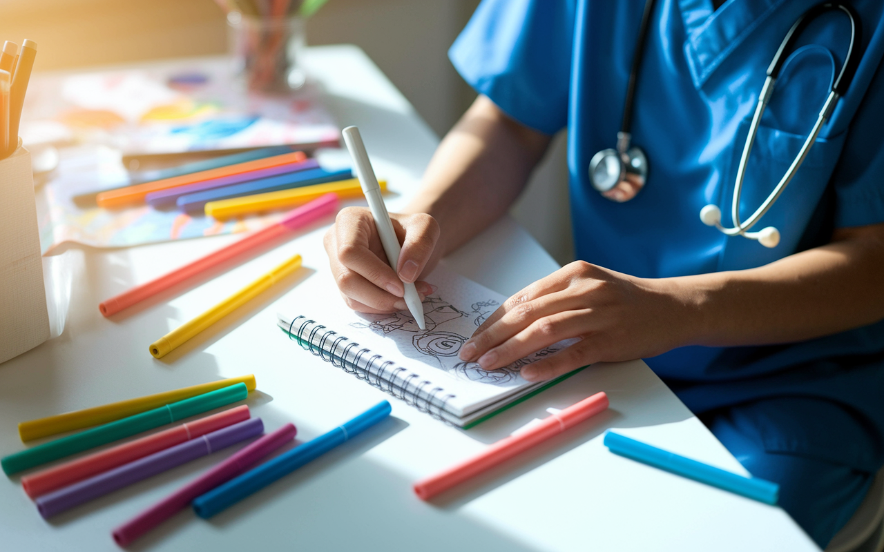 A healthcare worker seated at a break table, immersed in doodling sketches in a small notebook. The ambiance is cheerful with colorful markers and art supplies strewn about. Natural light pours in, illuminating their creative expression, showcasing the importance of mental and personal well-being during night shifts.