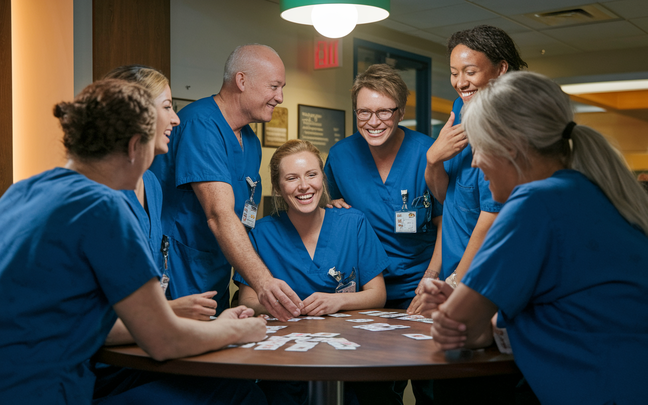 A group of night shift healthcare workers gathered around a break area, laughing and engaging in a light conversation. The warm lights create an inviting atmosphere, while they play card games or share stories during their downtime. The camaraderie and joy are palpable, enhancing their well-being amidst the night shift demands.