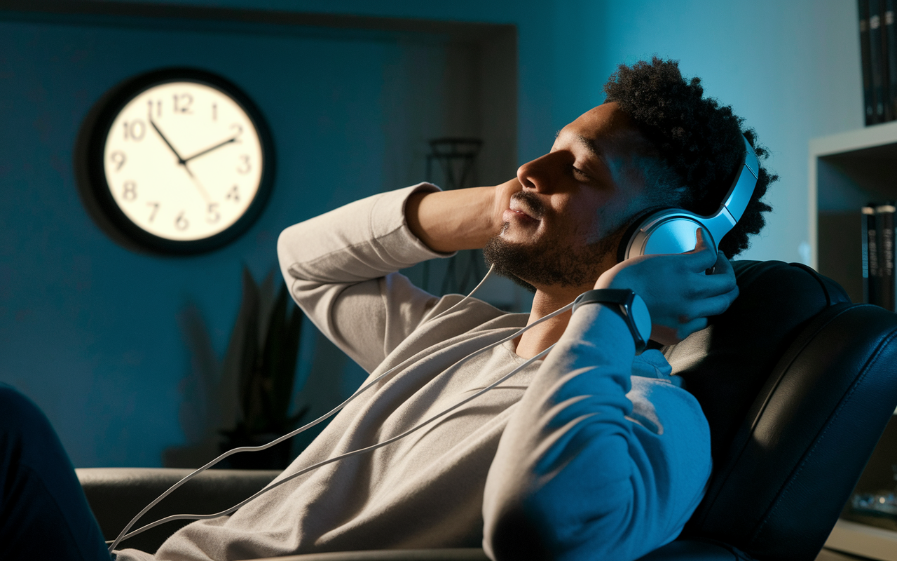 A night shift worker reclining in a break room, with headphones on, deeply concentrated on a podcast episode. Soft ambient lighting creates a cozy cocoon, while a nearby clock shows the time ticking by. The peaceful expression reflects engagement in an interesting story, capturing the essence of finding joy during break time.