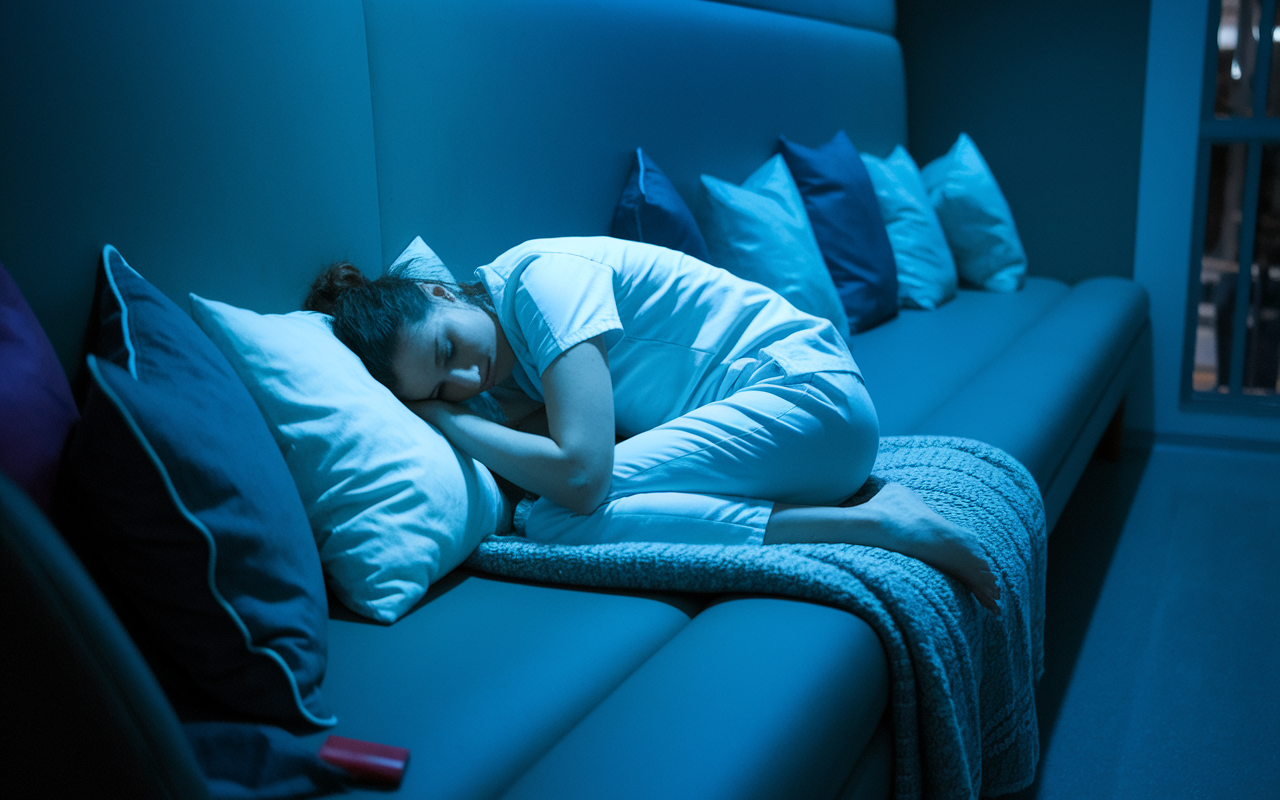 A tired healthcare worker curled up on a padded bench in a quiet staff area, taking a rejuvenating power nap. The soothing environment is dimly lit, creating a tranquil atmosphere, with soft pillows and a cozy blanket enhancing comfort. The scene captures a moment of peacefulness, showcasing the importance of recovering energy during night shifts.