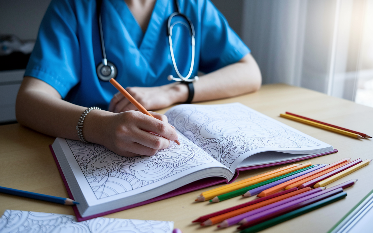 A healthcare worker sitting at a break table, joyfully coloring in a beautifully detailed adult coloring book. The table is cluttered with vibrant colored pencils and sketches in progress. The gentle light from a nearby window illuminates the peaceful scene, creating an atmosphere of relaxation and creative expression during their break.