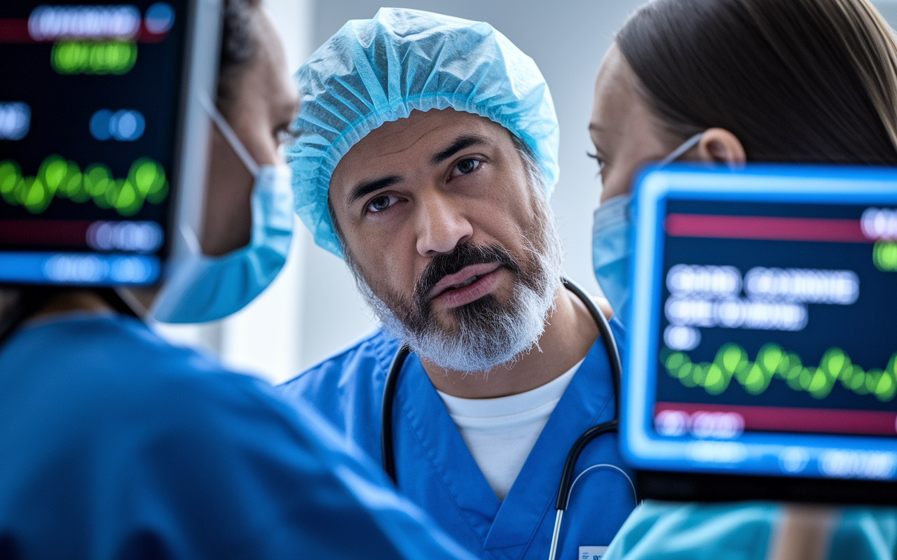 A close-up scene illustrating a healthcare professional discussing patient data with a nurse, charts and electronic devices displaying critical patient information in the foreground. Their focused expressions highlight the urgency and importance of communication in medical emergencies, with bright clinical lighting enhancing the clarity of the moment.