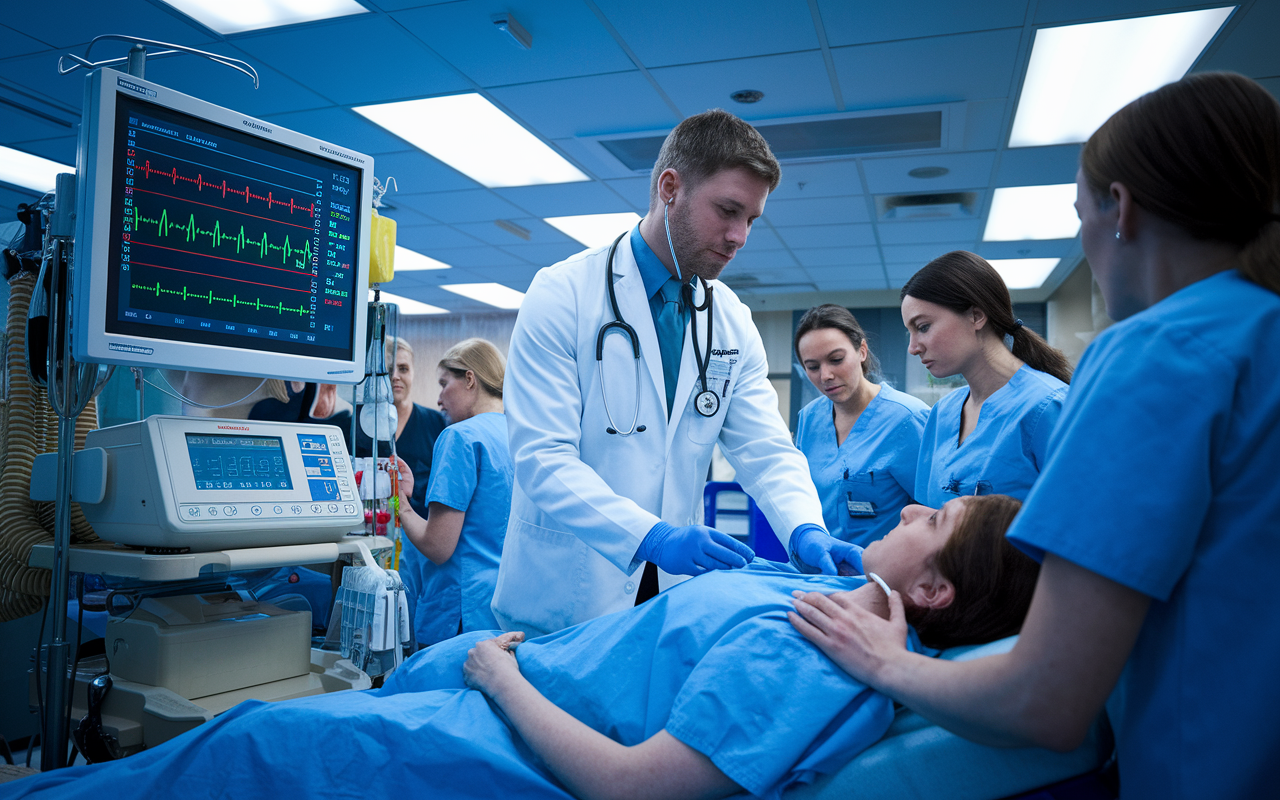 An emergency physician performing a rapid assessment of a patient in a bustling emergency room. The physician is using a stethoscope while checking vital signs displayed on a monitor. The room is filled with high-tech medical equipment, with bright lights illuminating the surroundings. The tension and urgency are palpable, as nurses assist and prepare for the next steps.